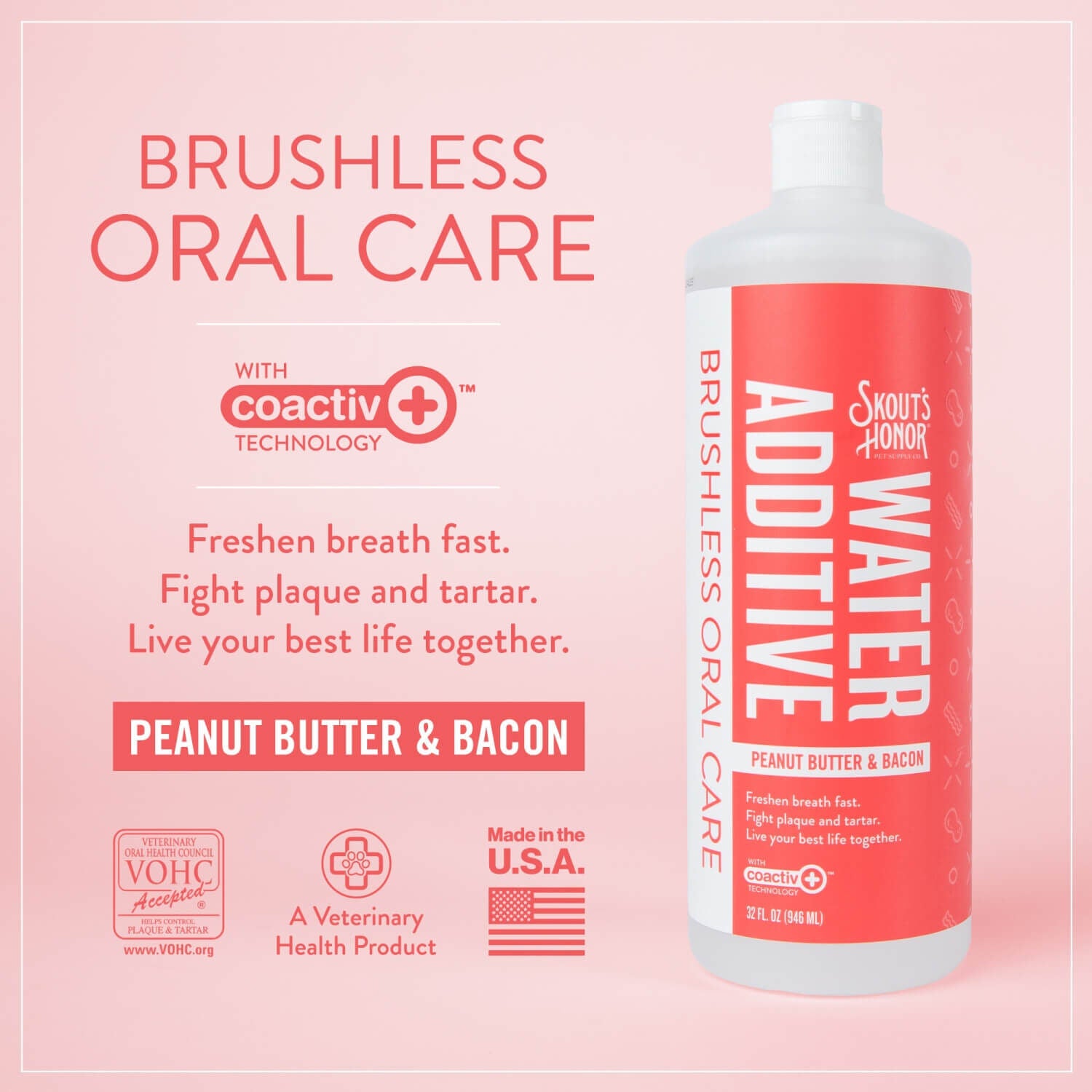 Skout's Honor Oral Care Water Additive For Dogs, Peanut Butter & Bacon Flavor, 32Oz