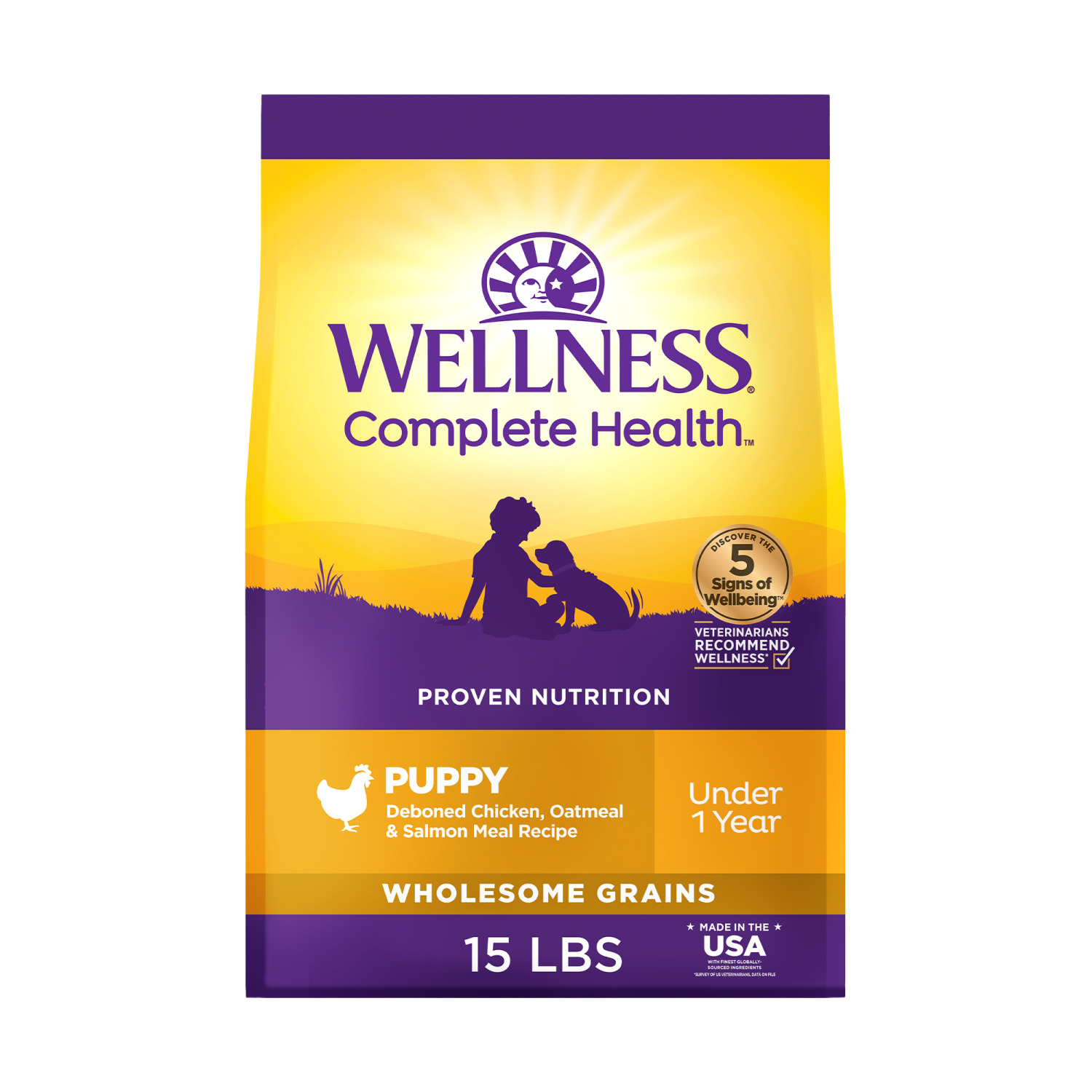 Wellness Complete Health Puppy Dry Dog Food, Wholesome Grains, Natural, Chicken, Oatmeal, & Salmon Recipe, 15-Pound Bag