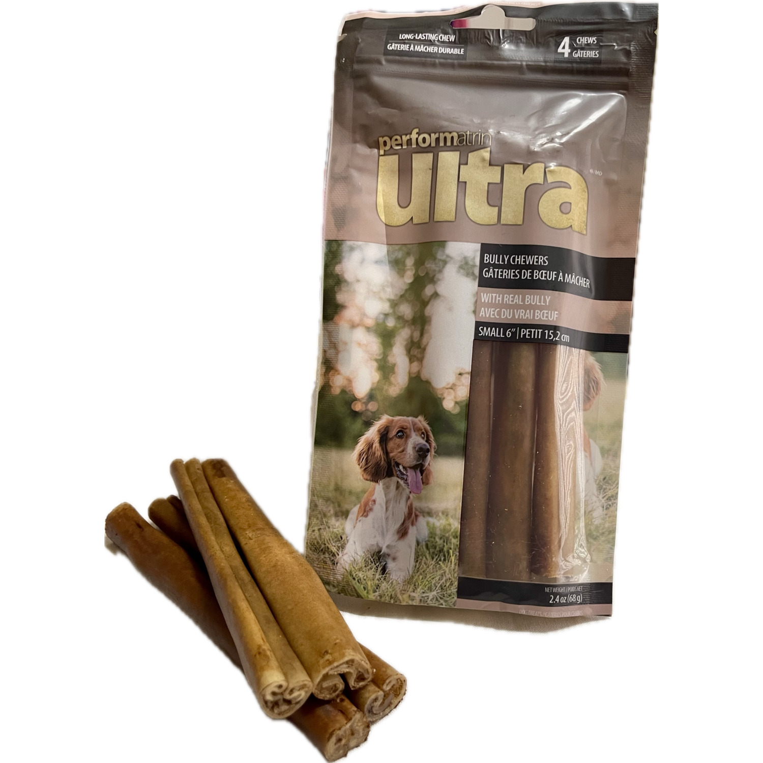 Performatrin Ultra&nbsp;Bully Chewers Odor-Free Rawhide Alternative Dog Treat Chews, 6" - Pack Of 4