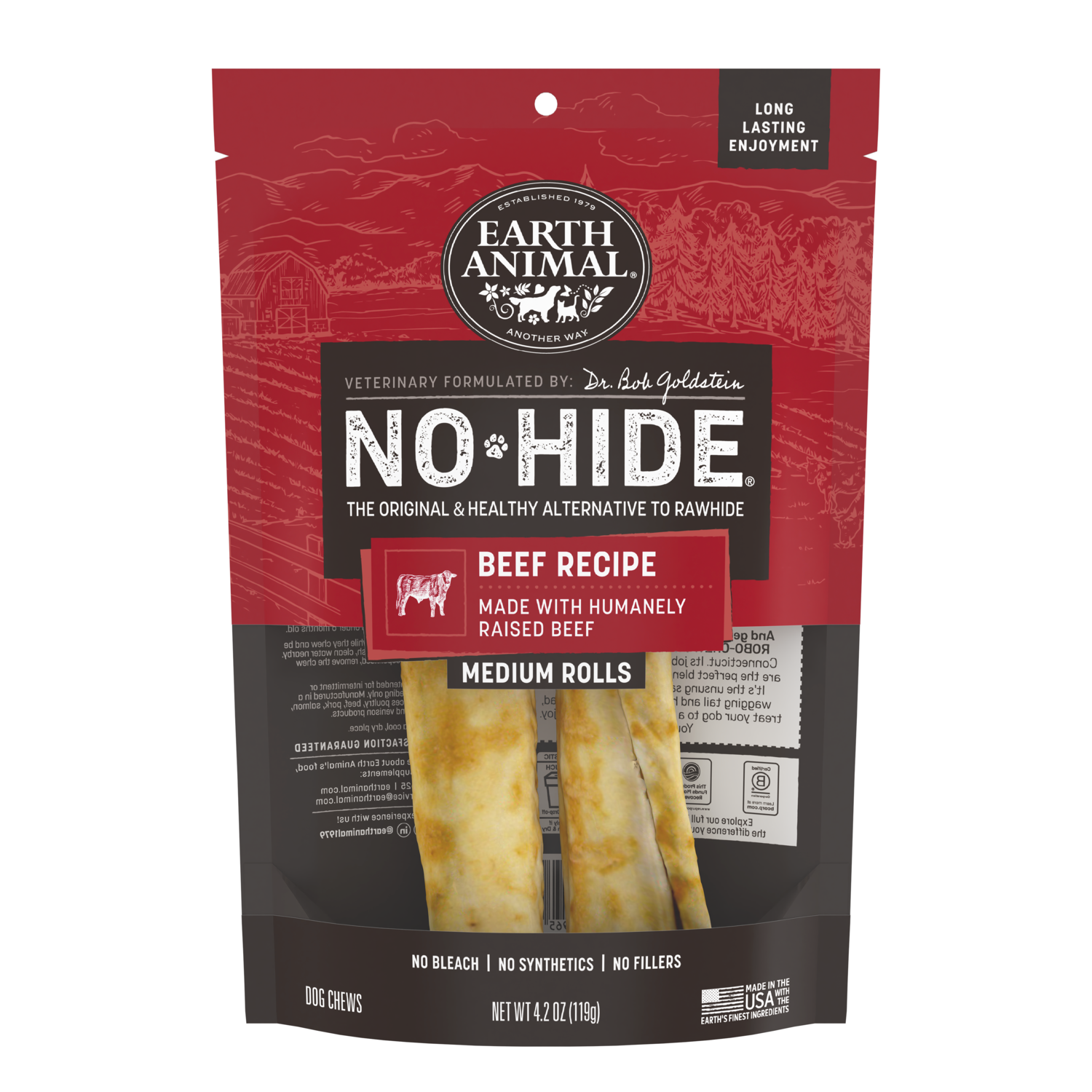 Earth Animal No-Hide Rawhide Alternative Dog Treat Chews, Grass-Fed Beef, 2 Pack