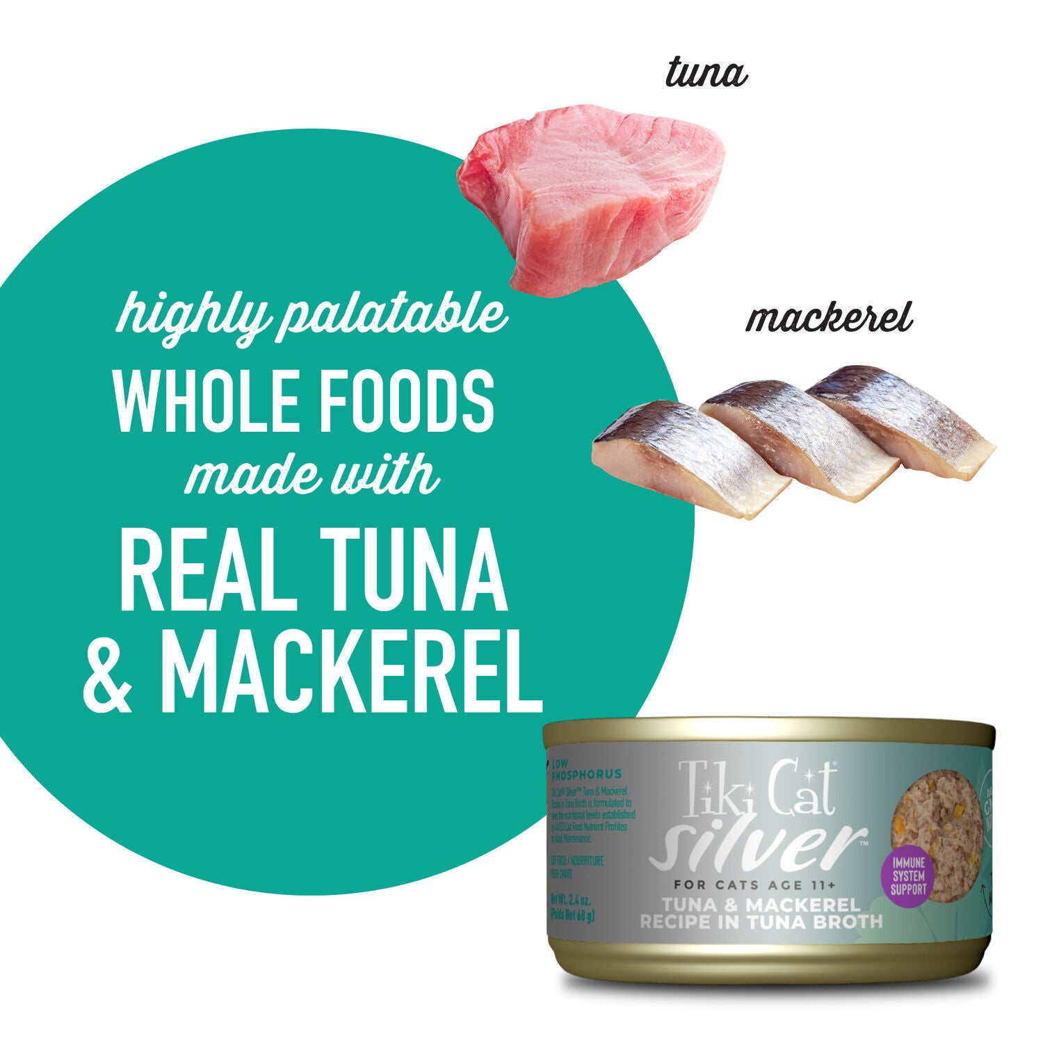 Tiki Cat Silver Wet Cat Food For Seniors, Tuna & Mackerel Whole Foods, 2.4-Oz. Can