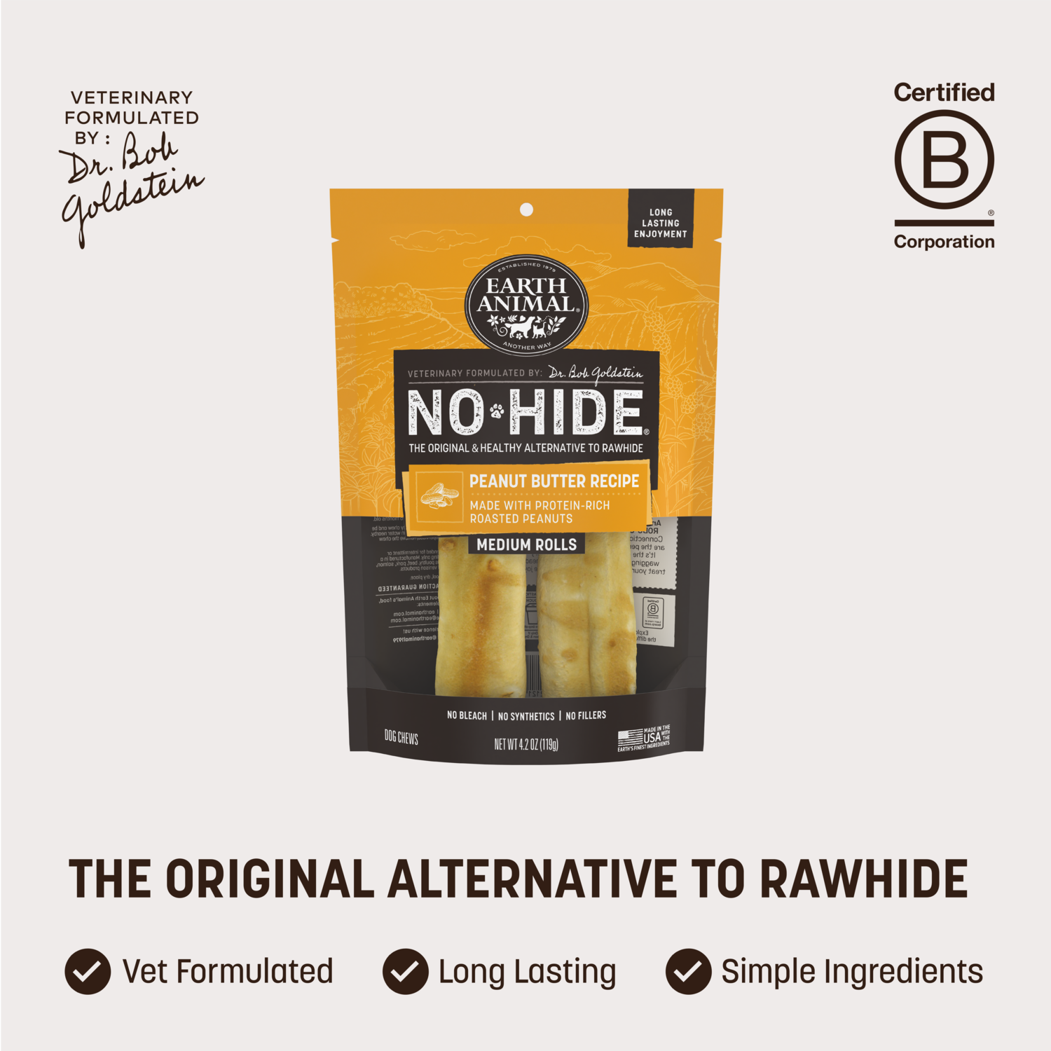 Earth Animal No-Hide Rawhide Alternative Dog Treat Chew, Peanut Butter, 2 Pack, 7"