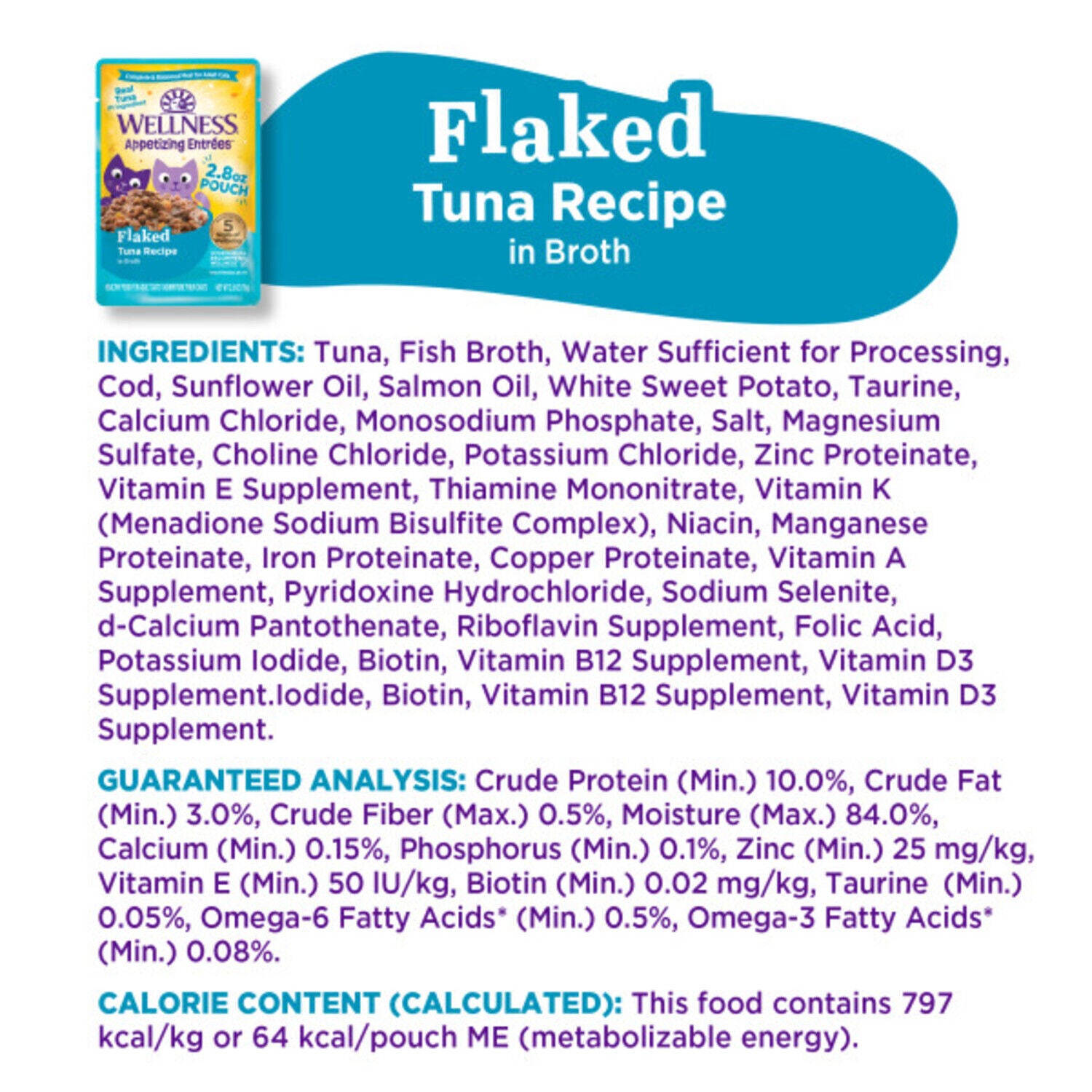 Wellness Appetizing Entrees Flaked Adult Wet Cat Food, Natural, Protein-Rich, Grain-Free Tuna Recipe, 1.4-Oz