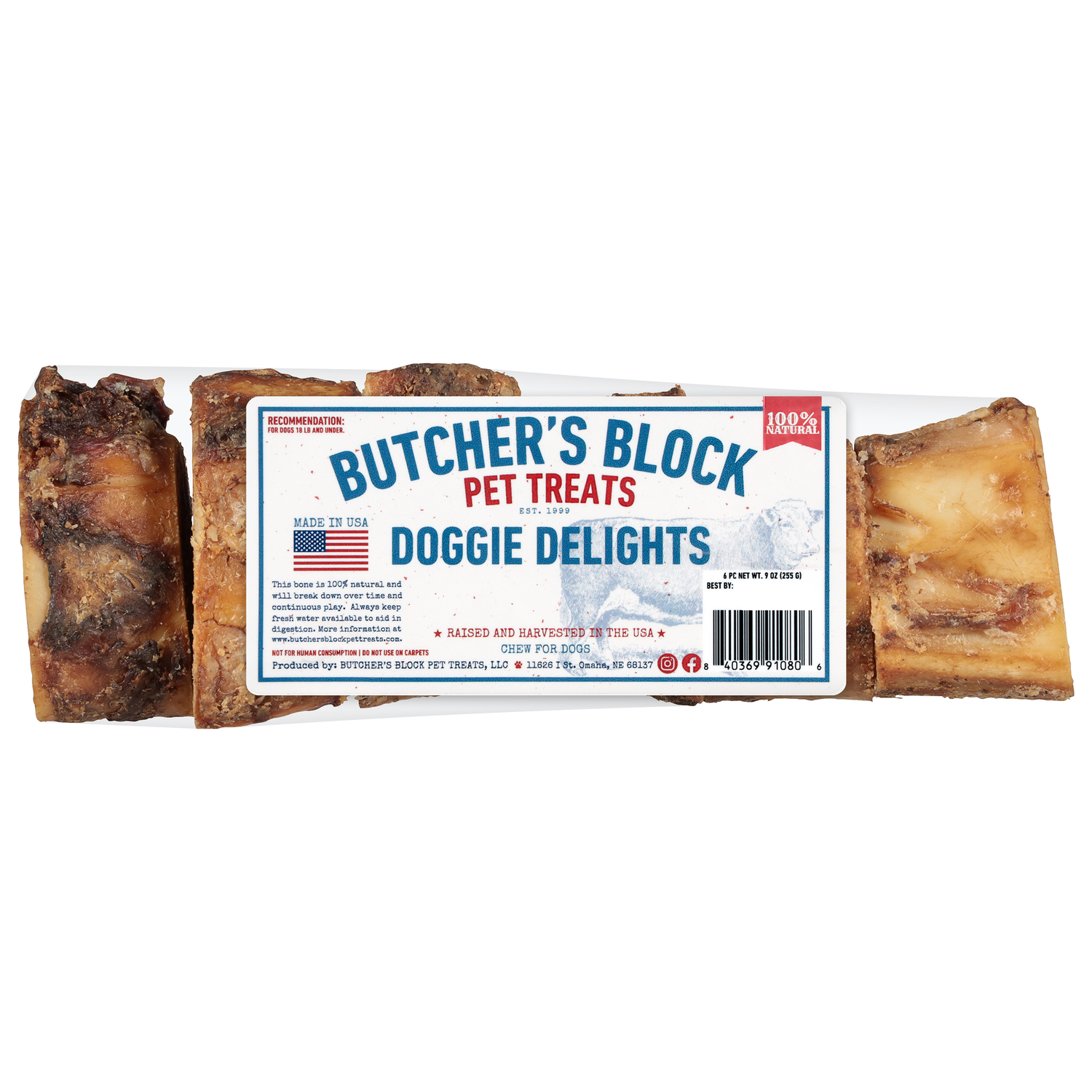Butcher's Block Bones Doggie Delights Beef Femur Center Cuts Dog Treats, 6 Pack