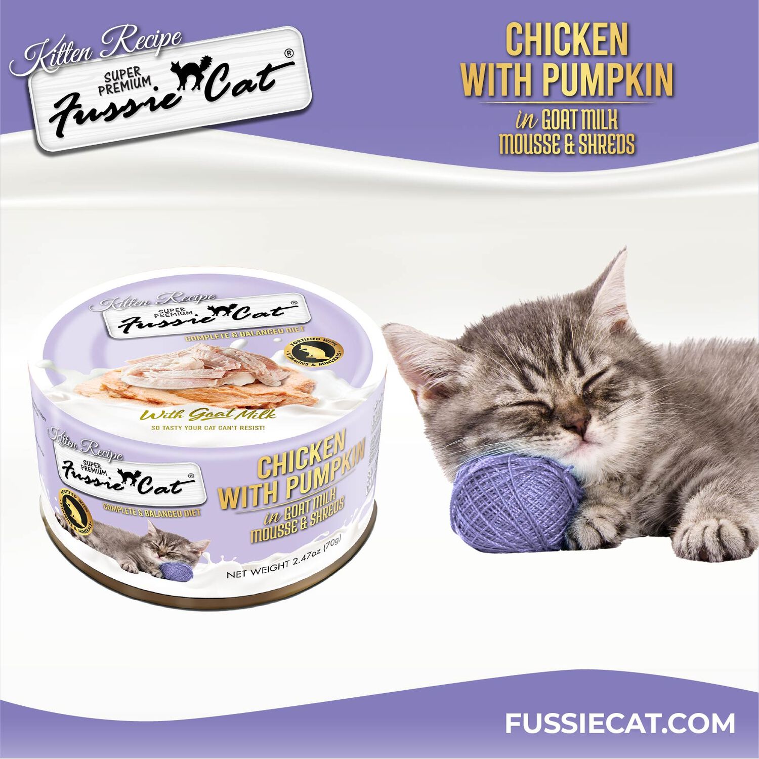 Fussie Cat Super Premium Chicken With Pumpkin In Goat Milk Mouse & Shreds Wet Cat Food For Kittens, 2.47-Oz Can