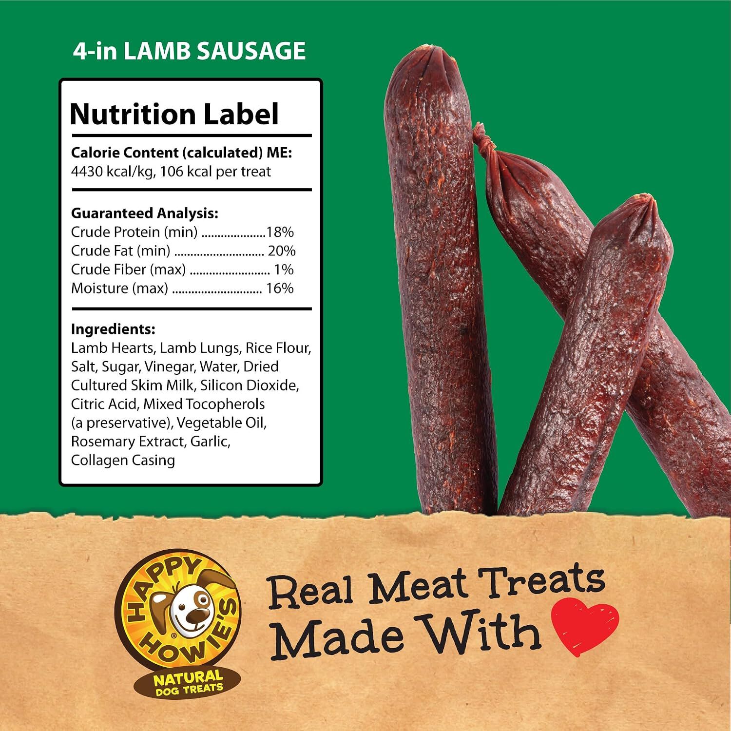 Happy Howie's Lamb Sausage Natural Dog Treat, 4", 1 Each