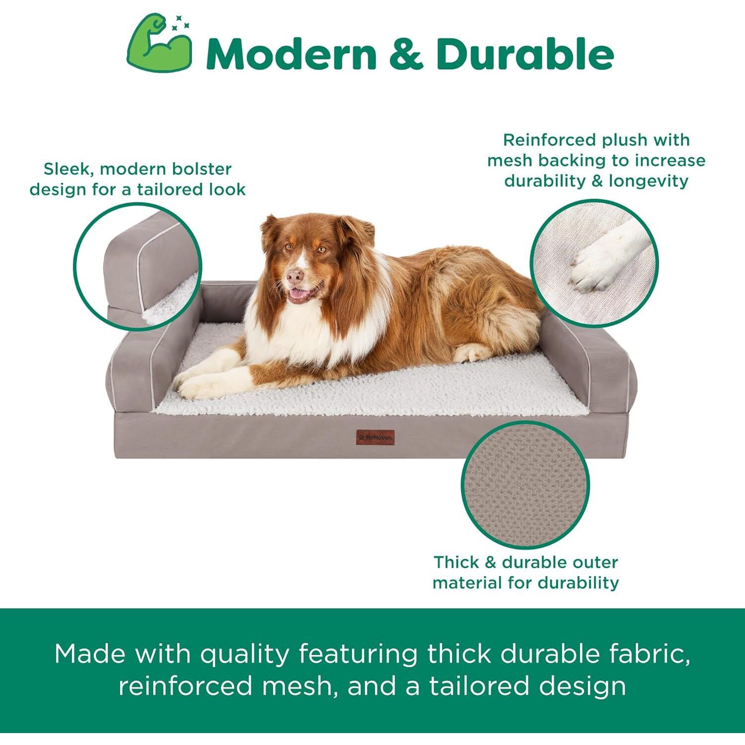 Furhaven Modern Sofa Orthopedic Dog Bed &ndash; Memory Foam Couch With Bolsters, Textured Plush & Water-Resistant Cover, Washable Cover, Joint Support - Greige, Jumbo