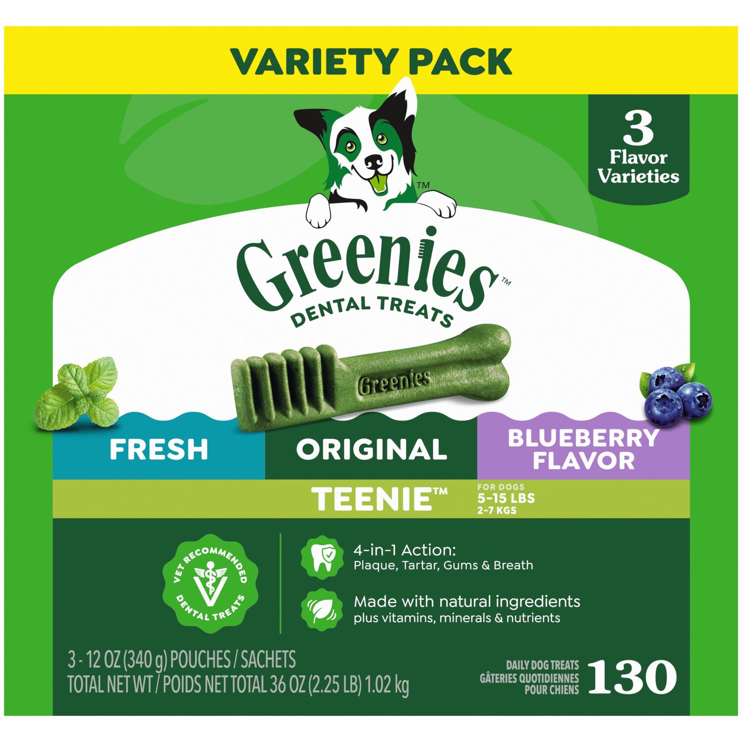 Greenies Teenie Fresh, Original, & Blueberry Flavor Variety Pack Dental Dog Treats, 130 Count