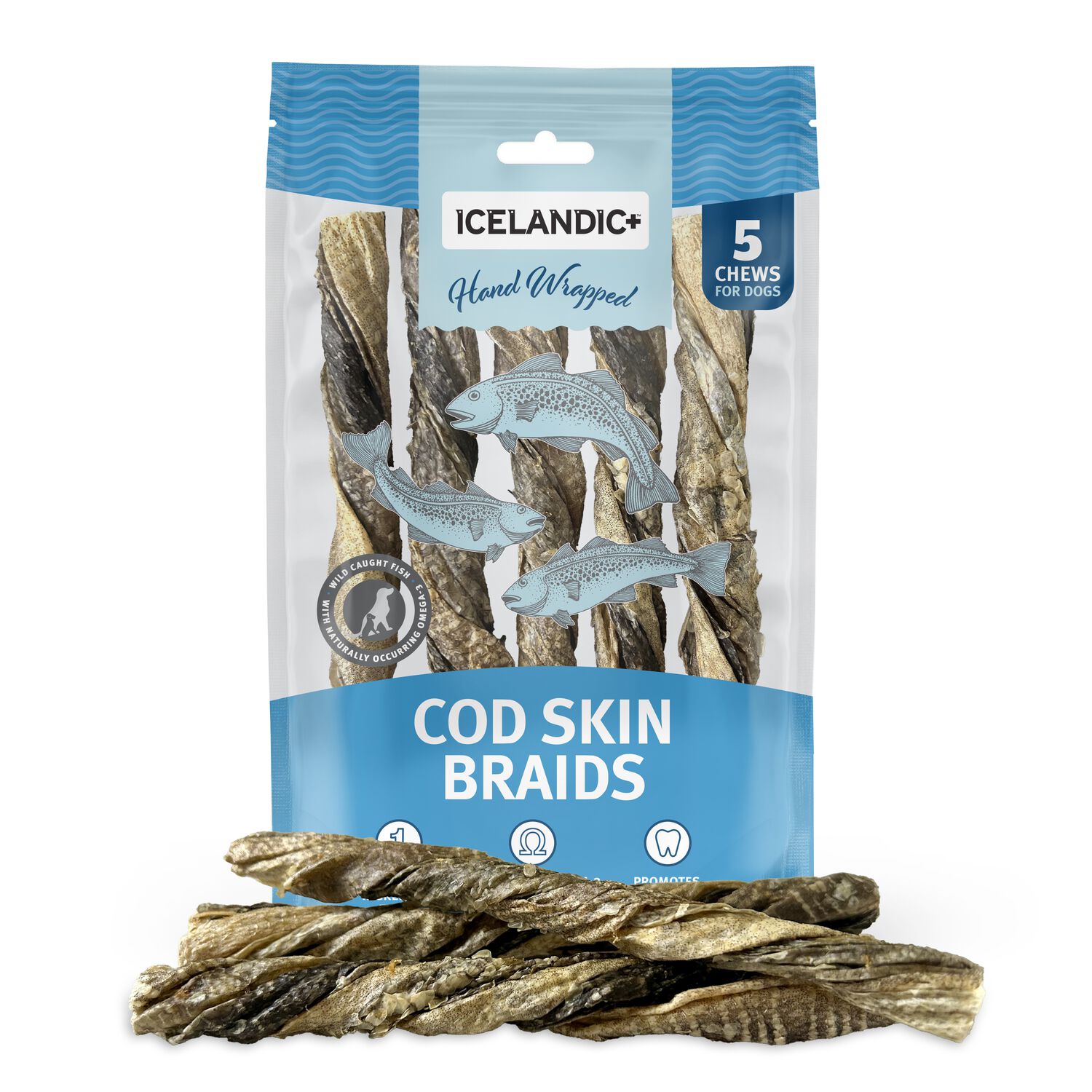 Icelandic+ Hand Wrapped Cod Skin Braids Limited Ingredient Dog Treats, 4.1-Oz, 5-Pack