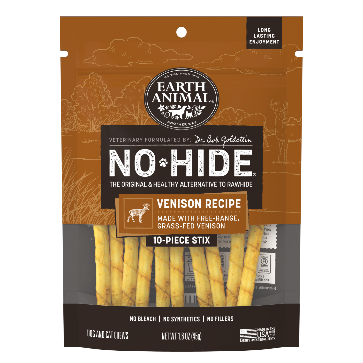 Earth Animal No-Hide Rawhide Alternative Stix Cat & Dog Treat, Venison Flavor, 10-Pack
