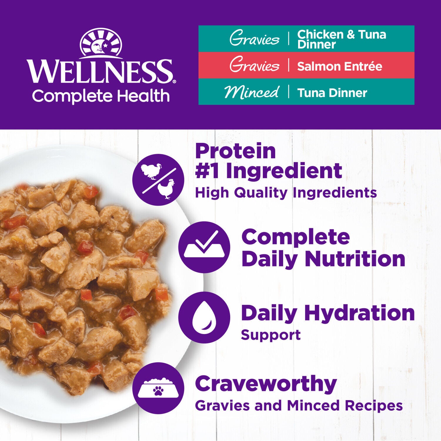 Wellness Complete Health Tasty Textures Adult Wet Cat Food, Natural, Protein-Rich, Grain-Free Salmon, Tuna, And Chicken Variety Pack, 3-Oz Pack Of 12