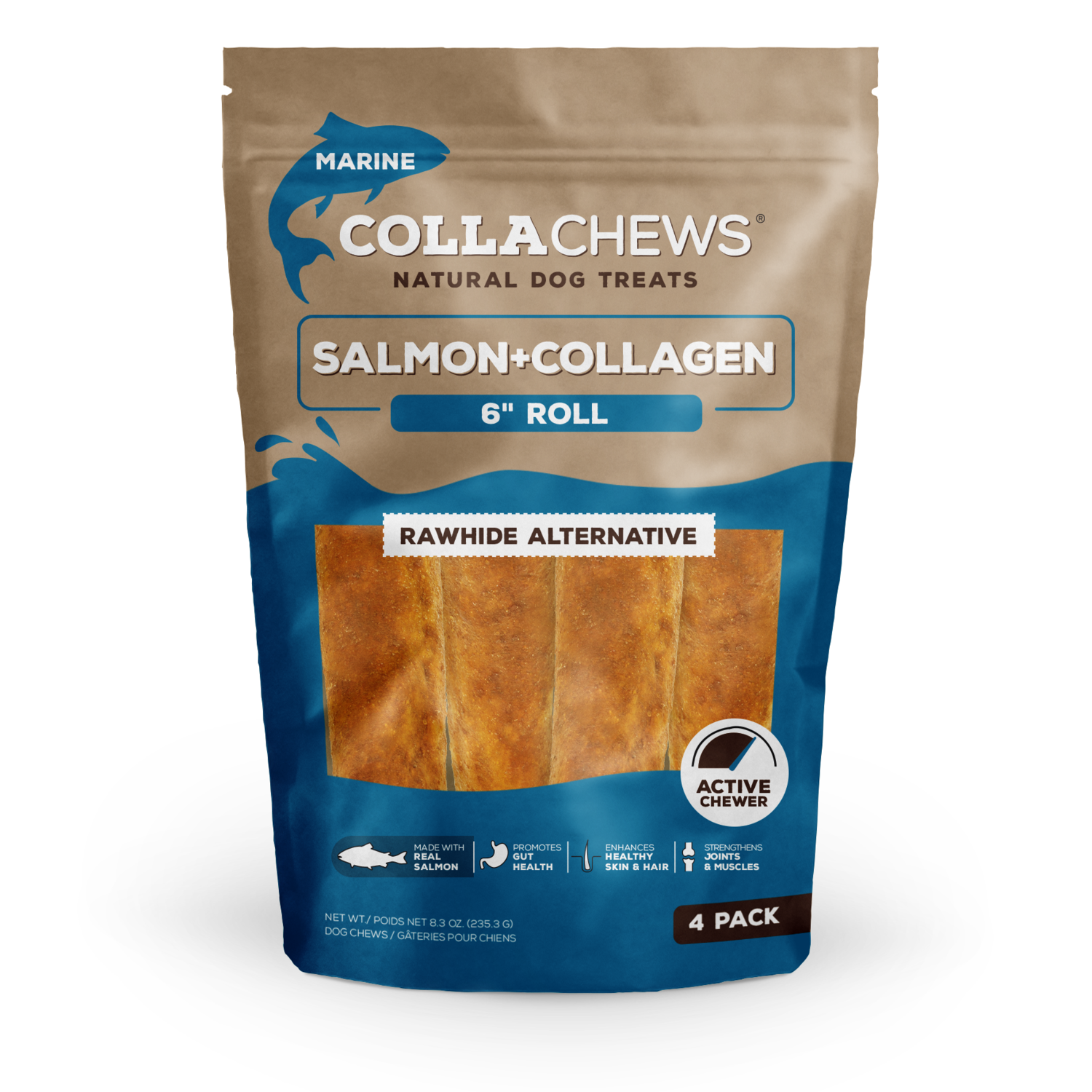 Collachews Salmon Collagen Roll Rawhide Alternative Dog Treats, 6"-4 Pack