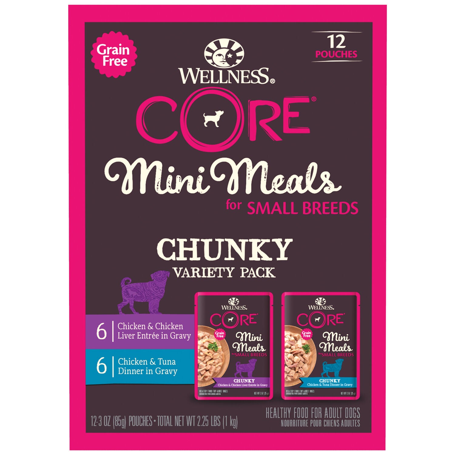 Wellness Core Grain-Free Small Breed Mini Meals Chunky Wet Dog Food, Variety Pack, 3-Oz Pack Of 12