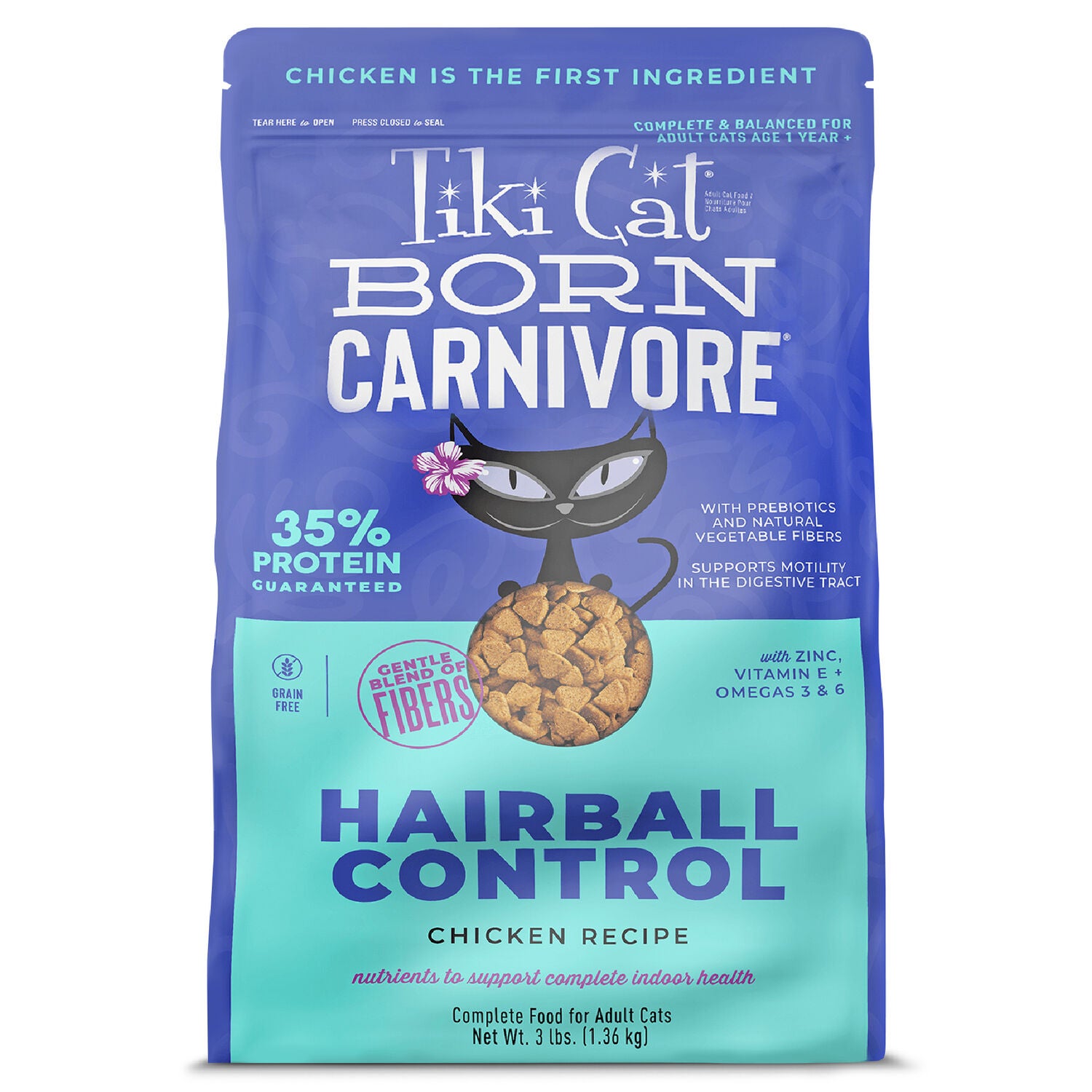 Tiki Cat Born Carnivore Dry Cat Food, Hairball Control, Chicken Recipe, 3-Lb Bag