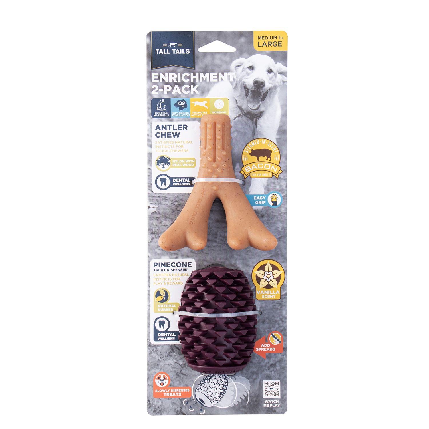 Tall Tails Enrichment Antler Chew & Pinecone Treat Dispenser Dog Chew Toy, 2-Pack Medium