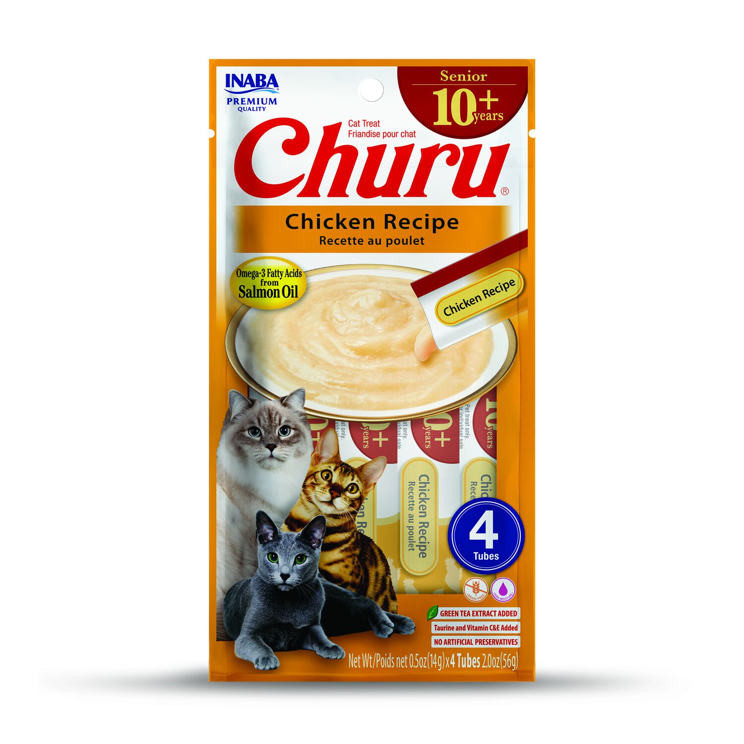 Inaba Churu For Senior 10+ Chicken Recipe Lickable Cat Treats, 0.5-Oz Tubes, 4-Pack