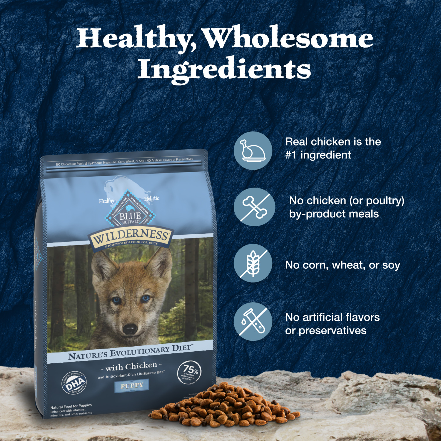 Blue Buffalo Wilderness Chicken Recipe High-Protein Puppy Dry Dog Food, 24Lb