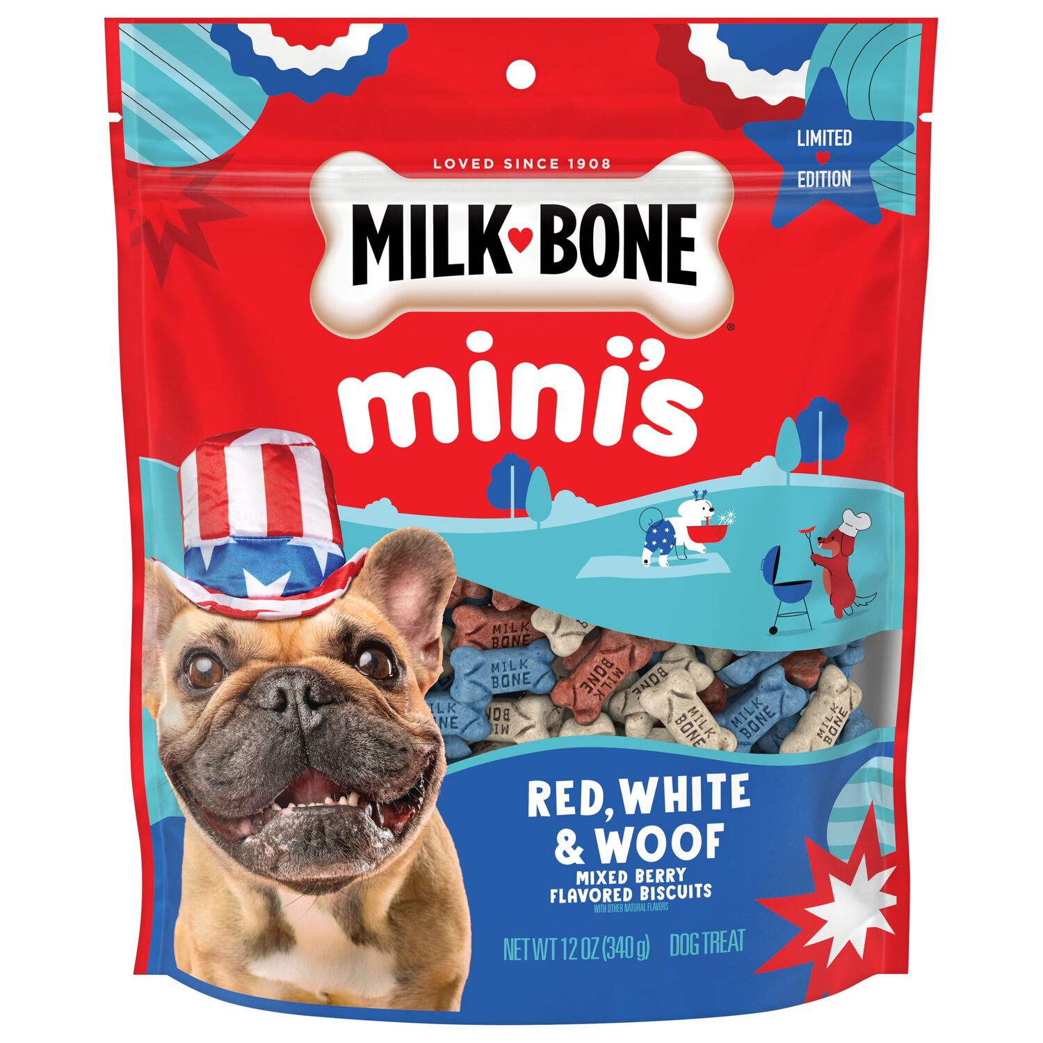 Milk-Bone Mini&rsquo;S Red, White & Woof Crunchy Biscuit Dog Treats, Mixed Berry Flavor, 12-Oz Bag