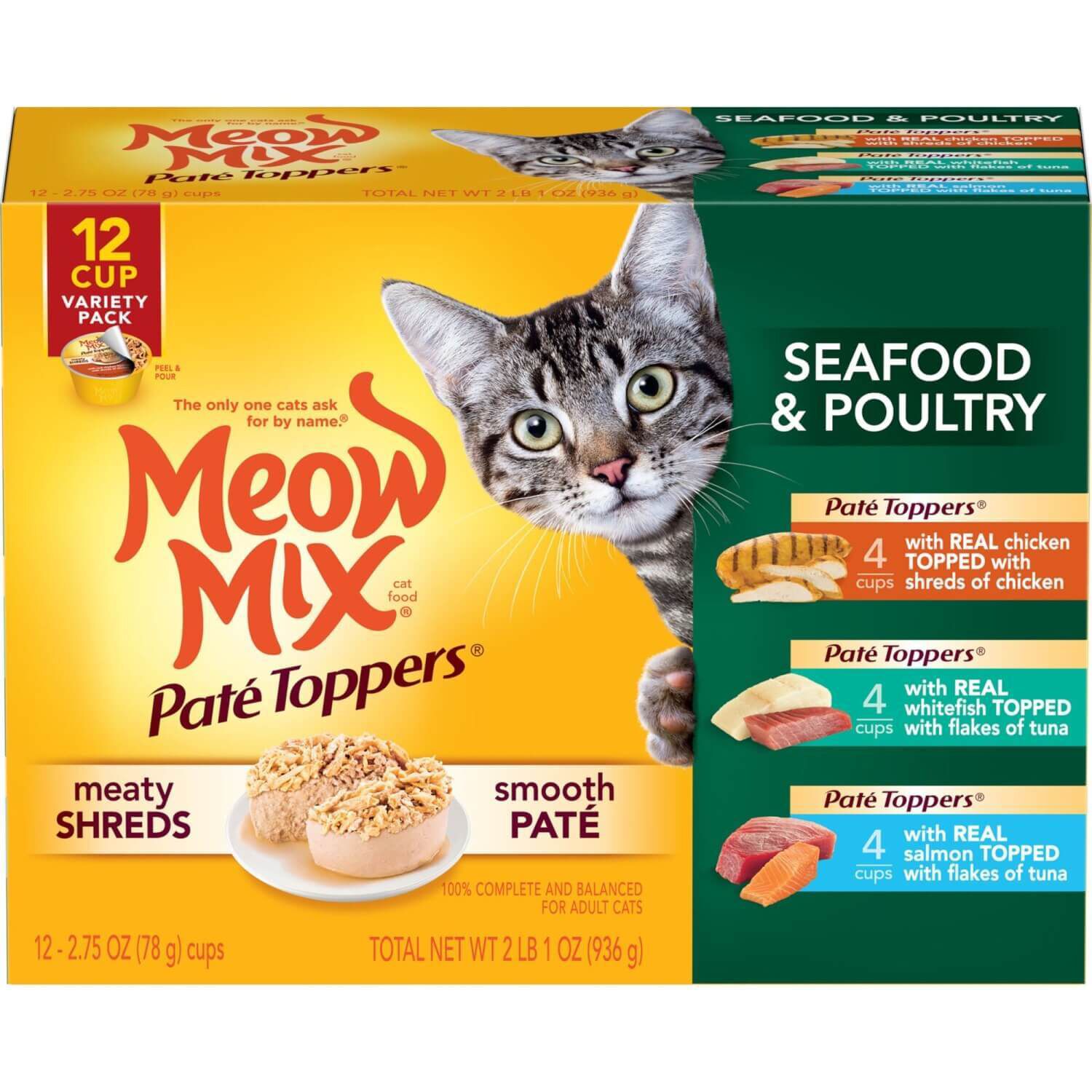 Meow Mix Pate Toppers Seafood And Poultry Recipe Wet Cat Food Variety Pack, 12-2.75-Oz Cups
