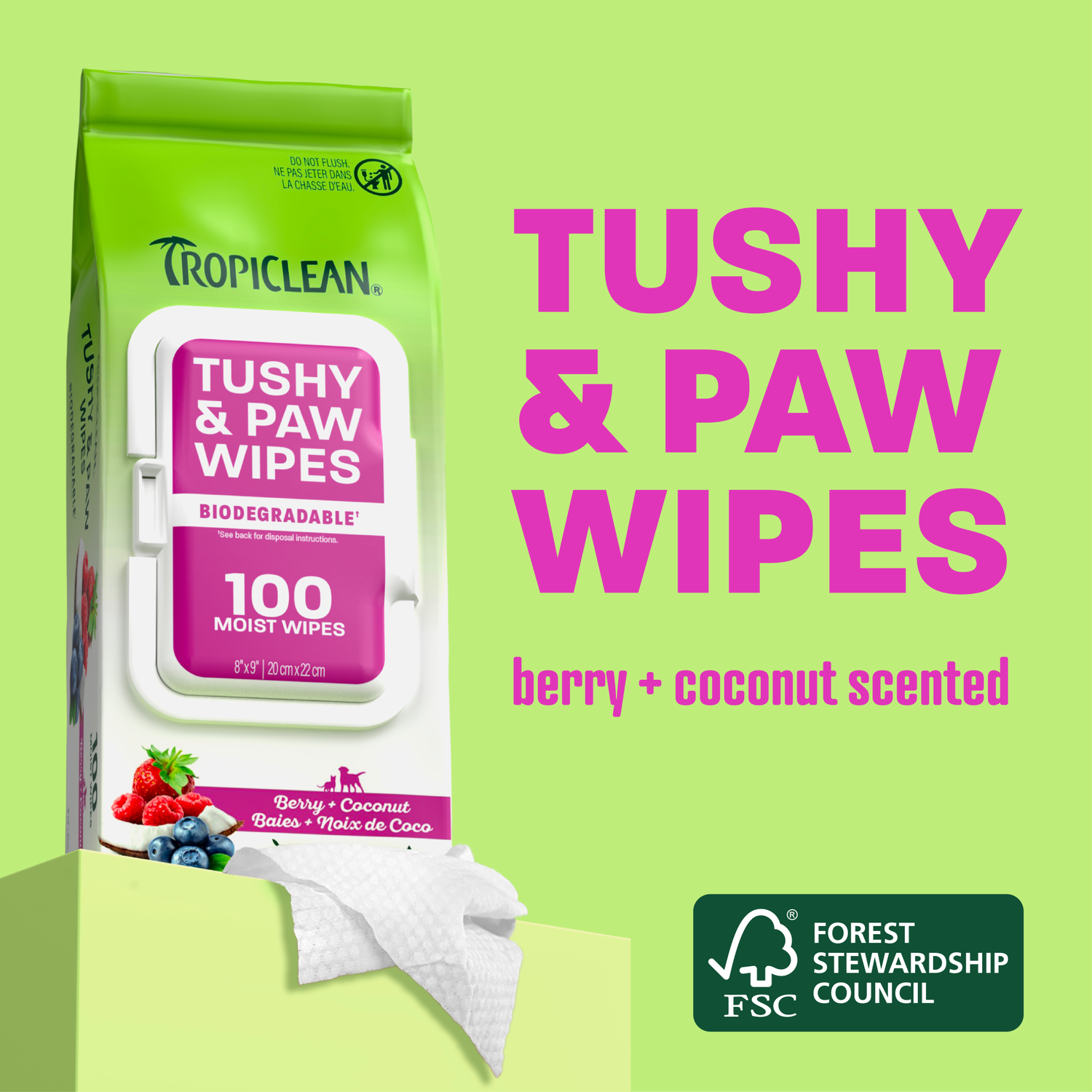 Tropiclean Berry & Coconut Deep Cleaning Pet Wipes - Deodorizing Wipes For Dogs & Cats, 100-Count