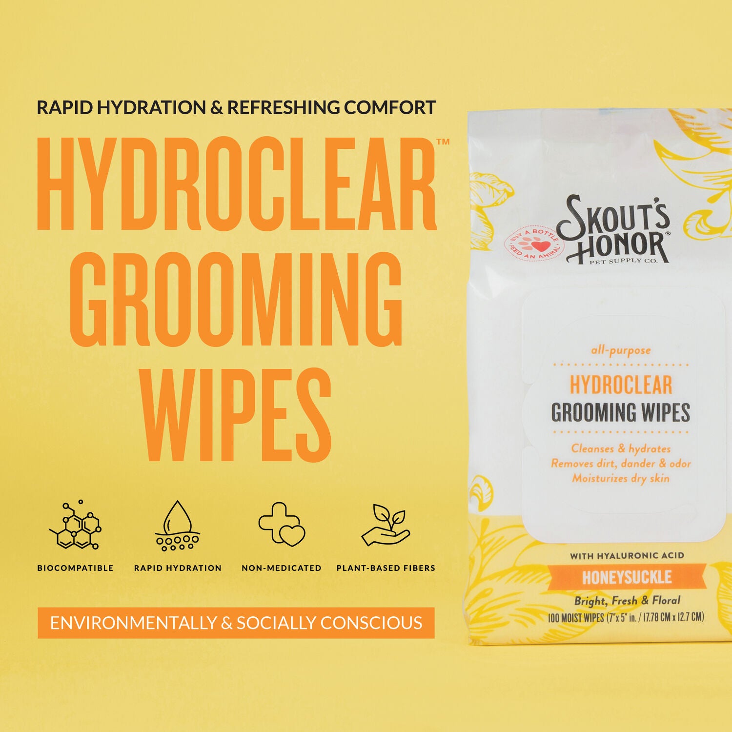 Skout's Honor Hydroclear&trade;️Dog Grooming Wipes, Honeysuckle Scented, 100 Count
