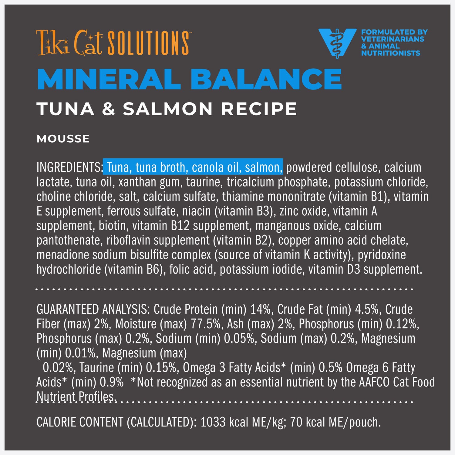Tiki Cat Solutions Mineral Balance Mousse Wet Cat Food, Supports Urinary Health, Tuna & Salmon Recipe, 2.4-Oz Pouch