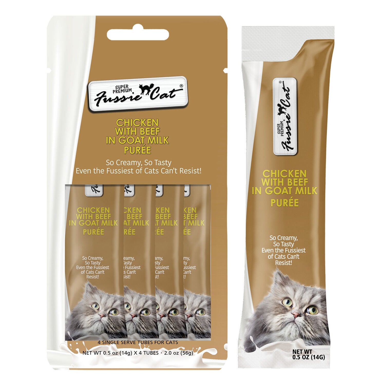 Fussie Cat Super Premium Chicken With Beef In Goat Milk Puree Lickable Cat Treat, 4-2Oz Tubes