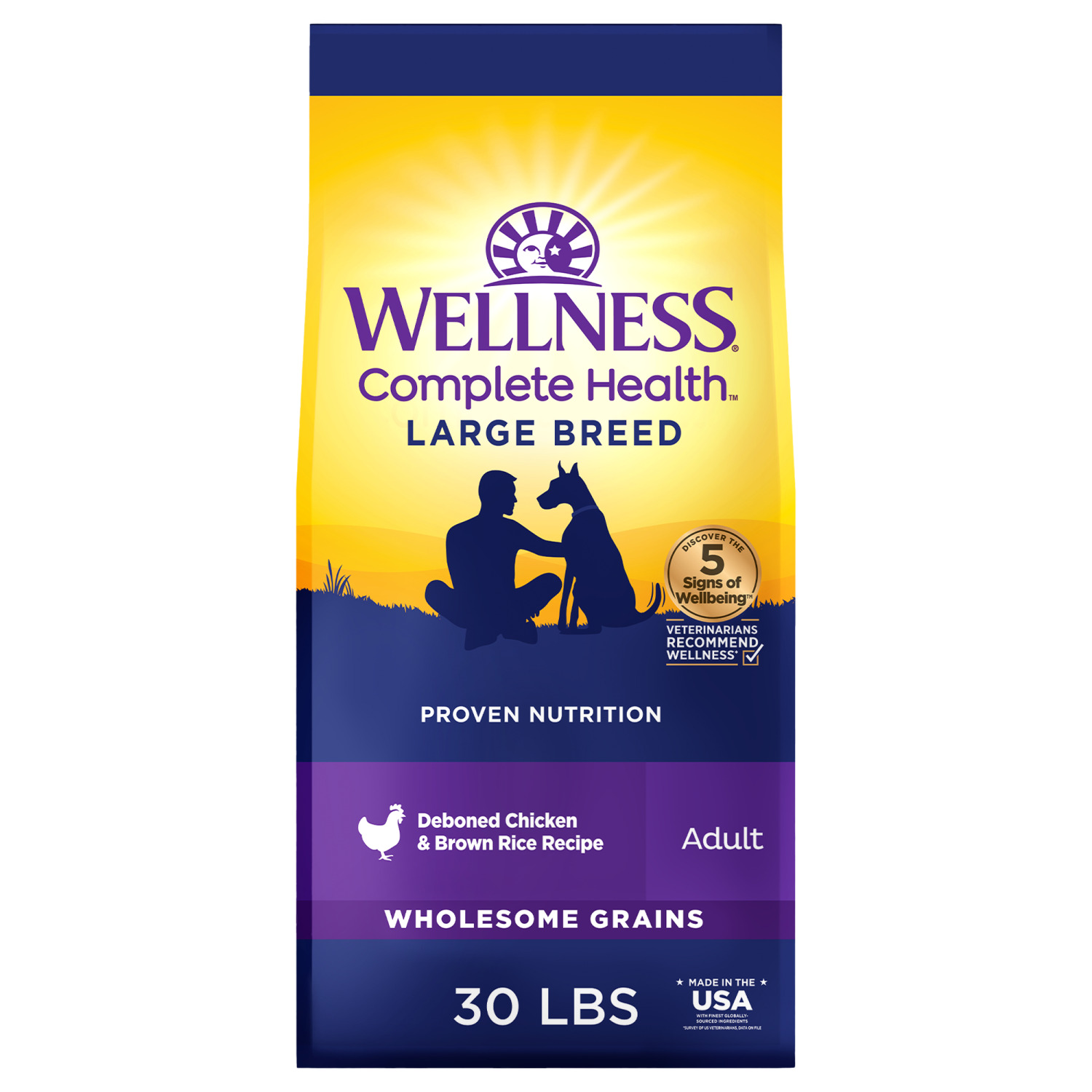 Wellness Complete Health Dry Dog Food, Large Breed, Wholesome Grains, Natural, Chicken & Brown Rice Recipe, 30-Pound Bag