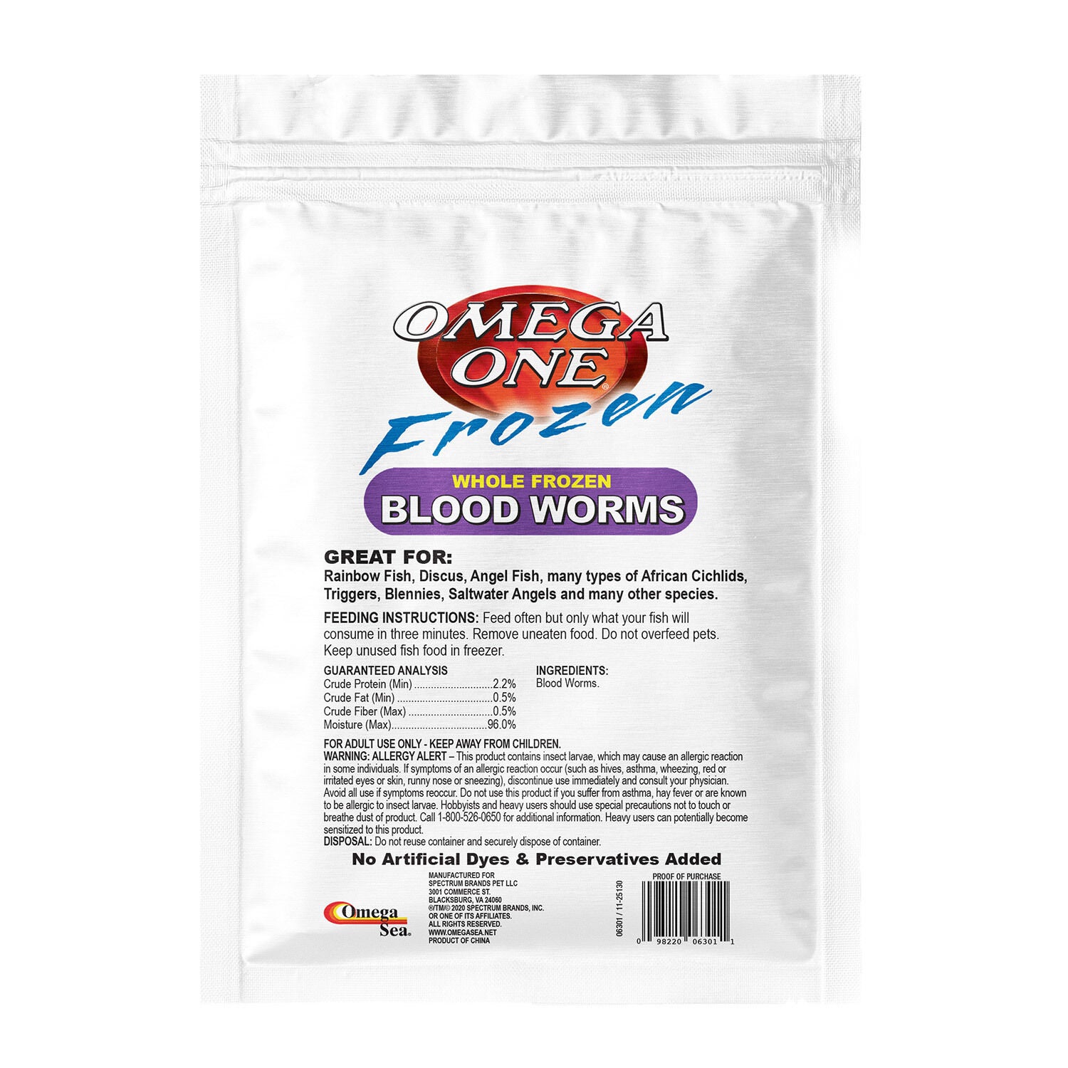 Omega One Whole Frozen Bloodworm Fish Food, 16-Oz