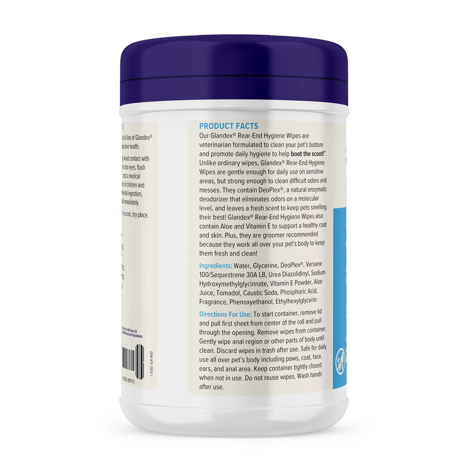 Vetnique Glandex Rear End Wipes For Dogs & Cats, Anal Gland Hygiene | Deodorizing Dog & Cat Wipes For Paws & Butt, Boot The Scoot With Deoplex Enzyme, Aloe & Vitamin E, Alcohol Free, 75-Ct