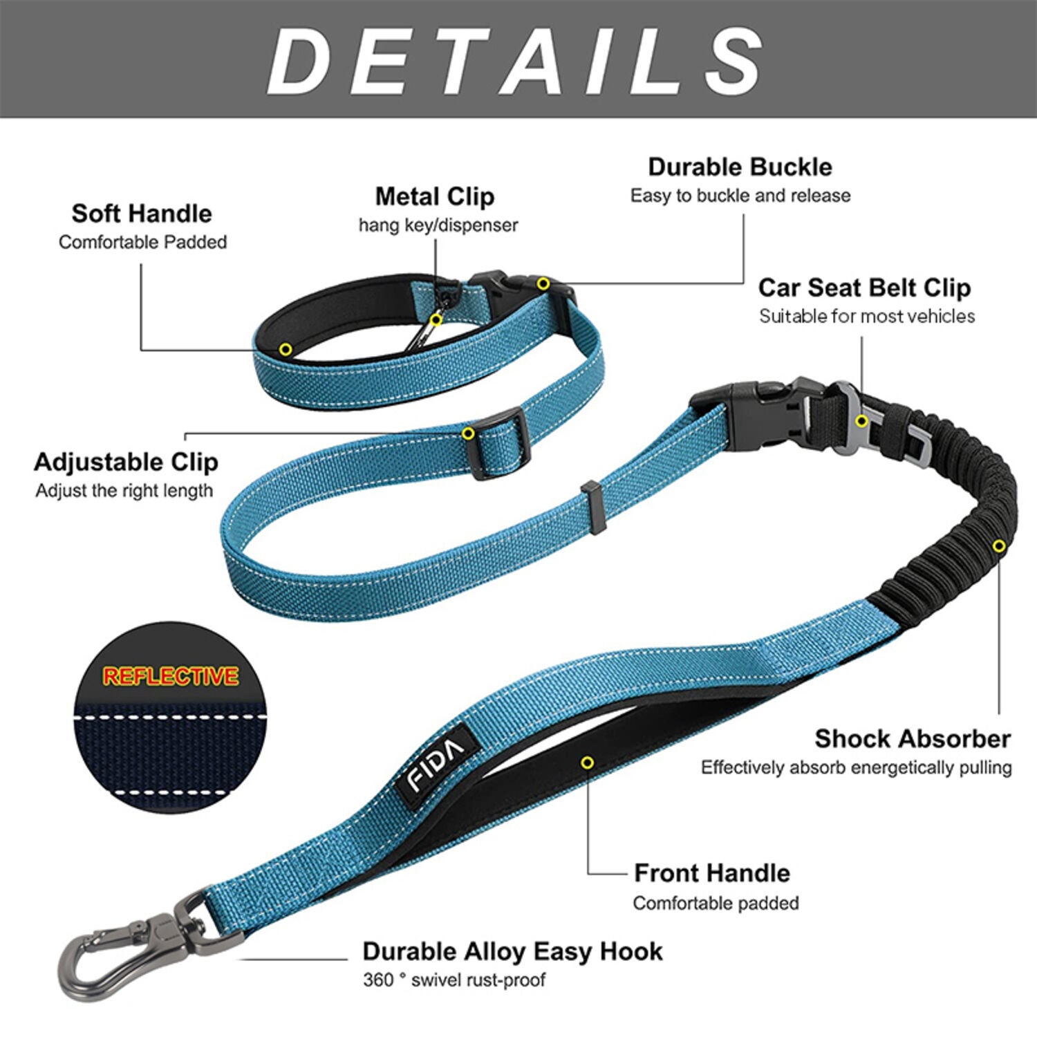 Fida Pet 6-In-1 Feature Dog Leash, Blue