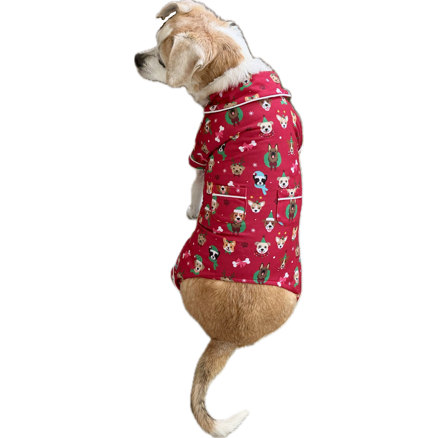 Aristopet Red Holiday Dog Face Print Collared Dog Pajamas, Extra Large
