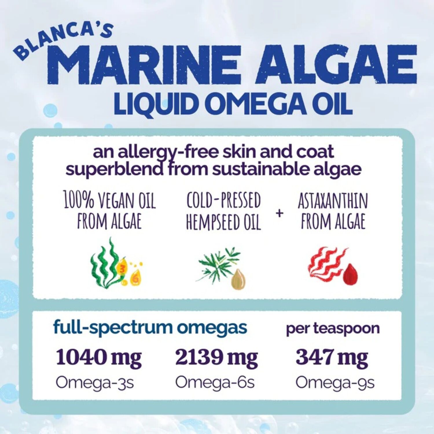 Austin & Kat Blanca's Marine Algae Oil, Skin & Coat Vegan Liquid Omega Dog Supplement, 16Oz