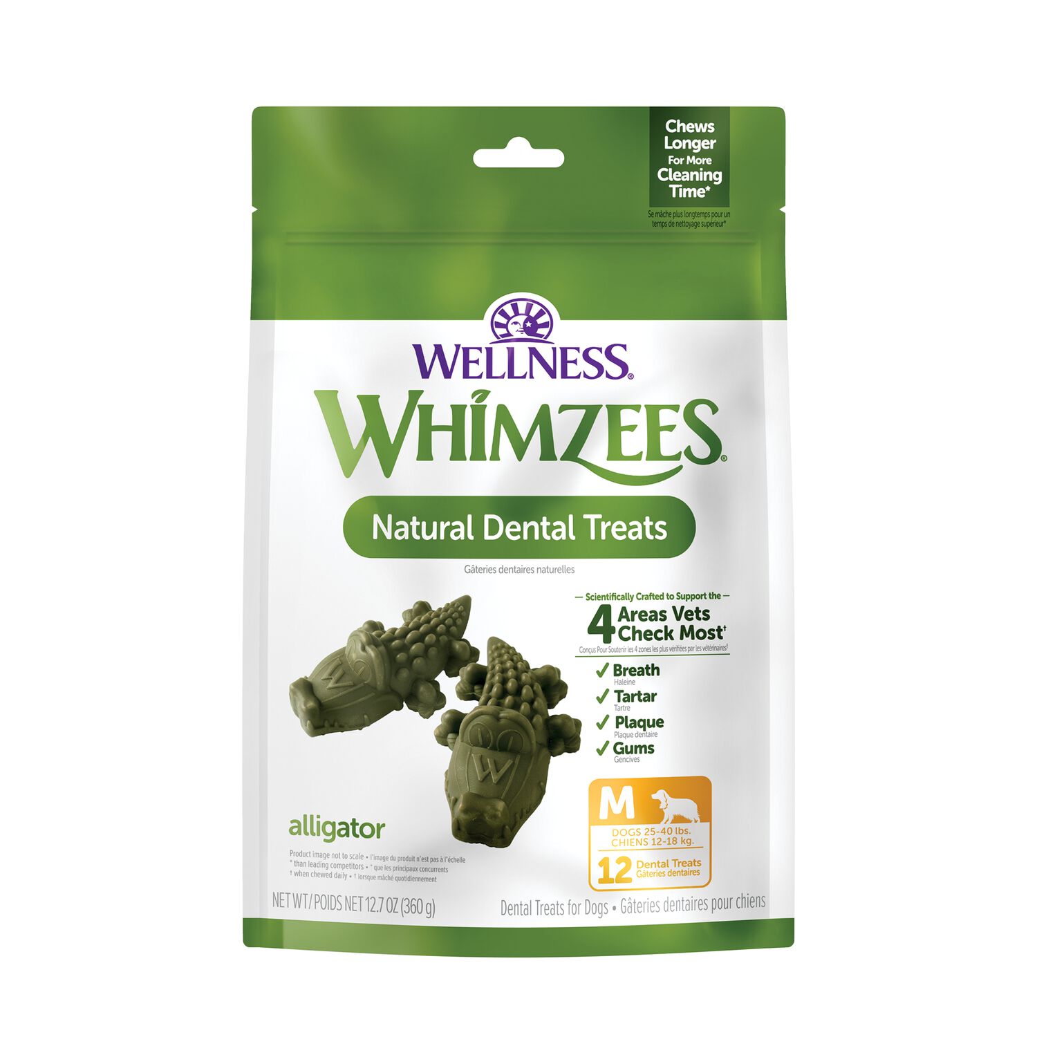 Whimzees Alligator Natural Grain-Free Daily Dental Long Lasting Dog Treats, Medium, 12 Count