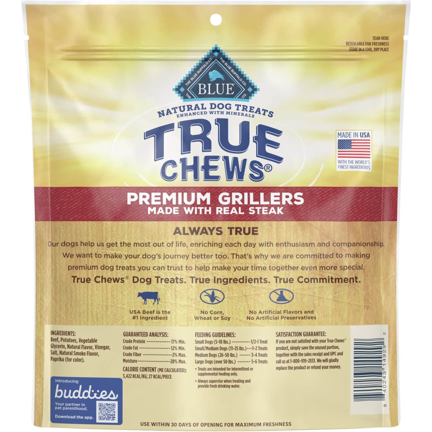 Blue Buffalo True Chews Premium Grillers Natural Dog Treats, Steak