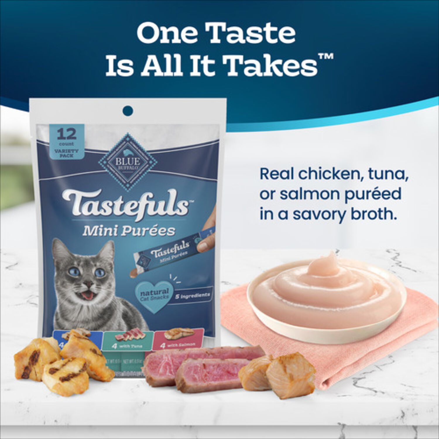 Blue Buffalo Tastefuls Chicken, Tuna & Salmon Mini Pur&eacute;es Variety Pack Cat Treats, 0.5-Oz Tubes, 12-Pack