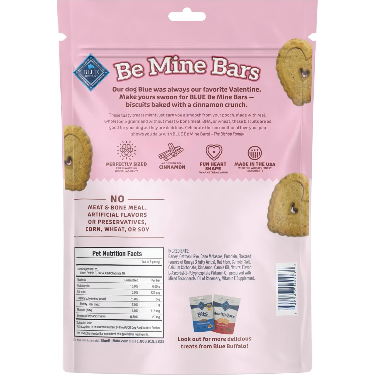 Blue Buffalo Be Mine Bars Heart-Shaped Healthy & Crunchy Dog Biscuits, Natural Valentine&rsquo;S Dog Treats, Baked With Oatmeal & Cinnamon, 11-Oz Bag
