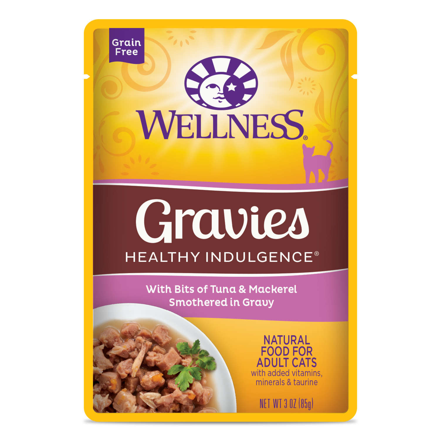 Wellness Healthy Indulgence Gravy Adult Wet Cat Food, Natural, Protein-Rich, Grain-Free Tuna Mackerel Recipe, 3-Oz Pouch