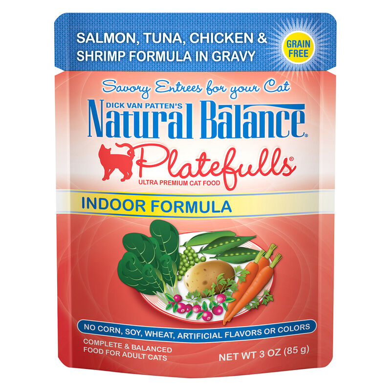 Natural Balance Platefulls Salmon, Tuna, Chicken & Shrimp In Gravy Flavor For Indoor Cats Wet Cat Food, 3oz
