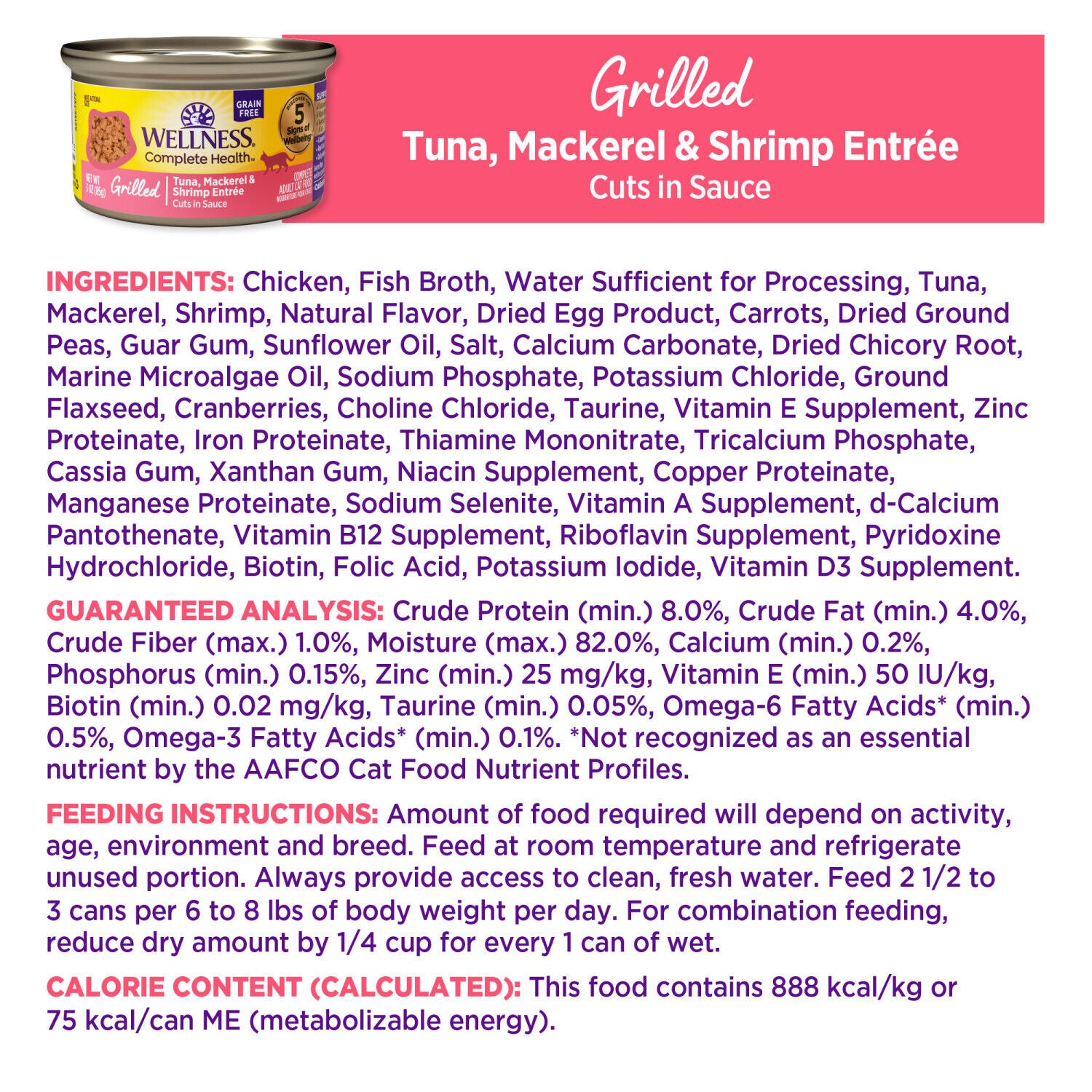 Wellness Complete Health Grilled Adult Wet Cat Food, Natural, Protein-Rich, Grain-Free Tuna, Mackerel, & Shrimp Entree Recipe, 3-Oz Pack Of 12