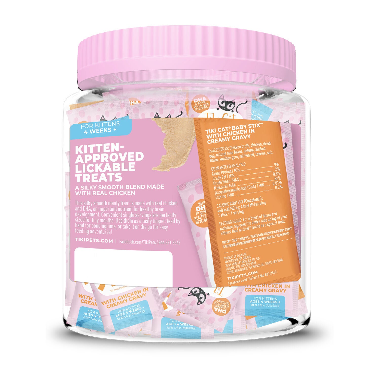 Tiki Cat Baby Stix Lickable Cat Treats, Chicken In Creamy Gravy, 42 0.28-Oz. Sachets Jar