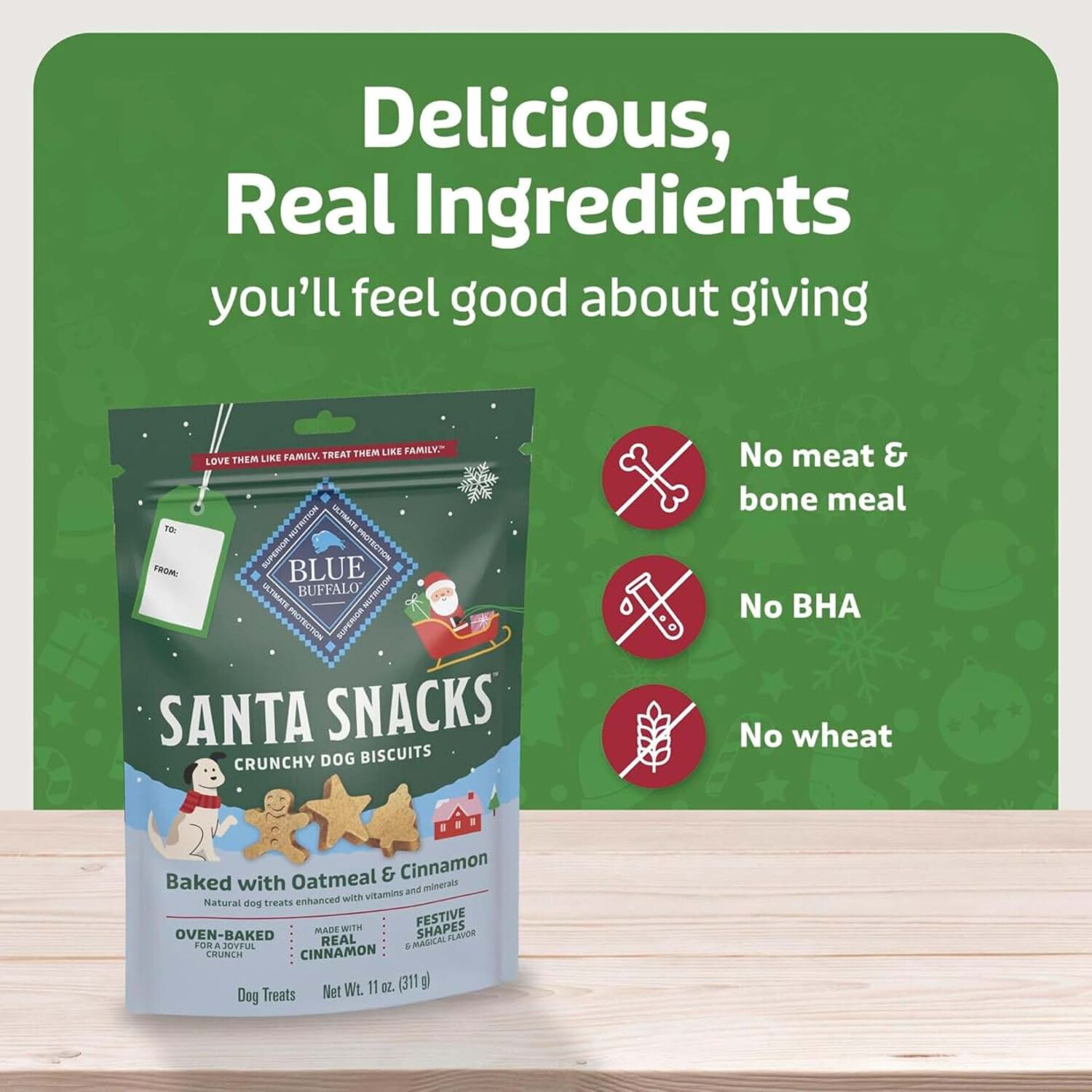 Blue Buffalo Santa Snacks Natural Crunchy Biscuit Dog Treats, Oatmeal & Cinnamon, 11-Oz Bag