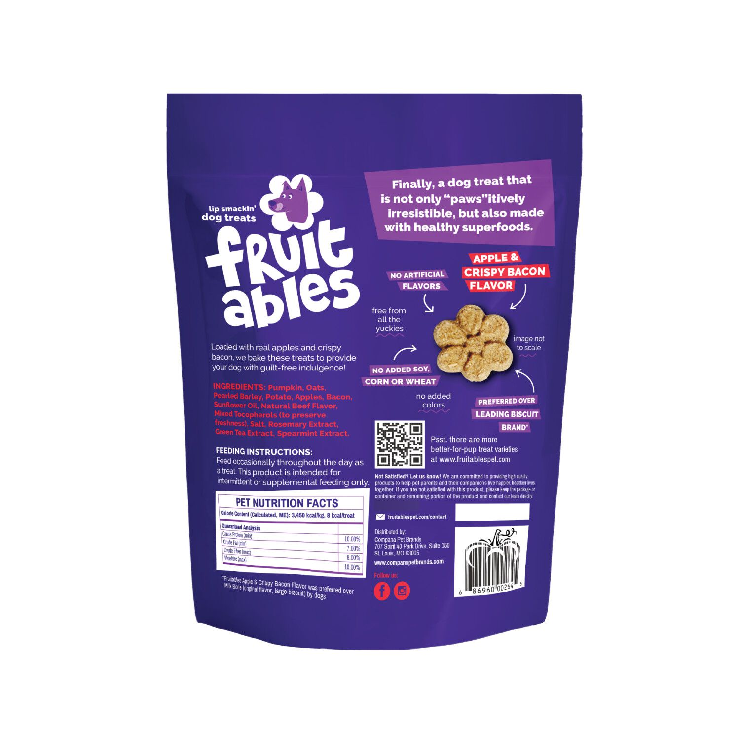 Fruitables Low Calorie Baked Crunchy Dog Treats, Bacon & Apple, 12-Oz Bag