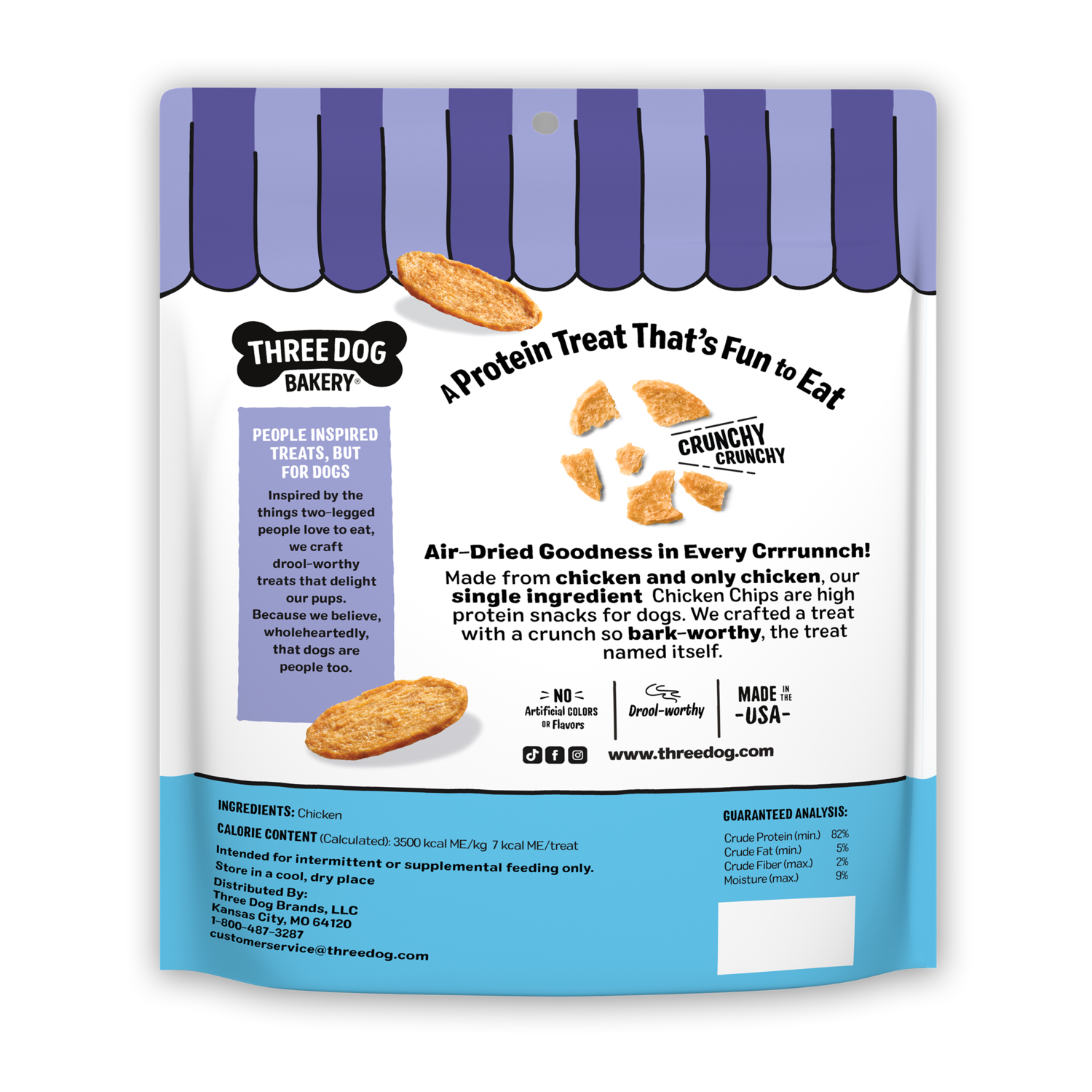 Three Dog Bakery Bark'n Crunch Single Ingredient Chicken Chips Air-Dried Dog Treats, 4-Oz Bag