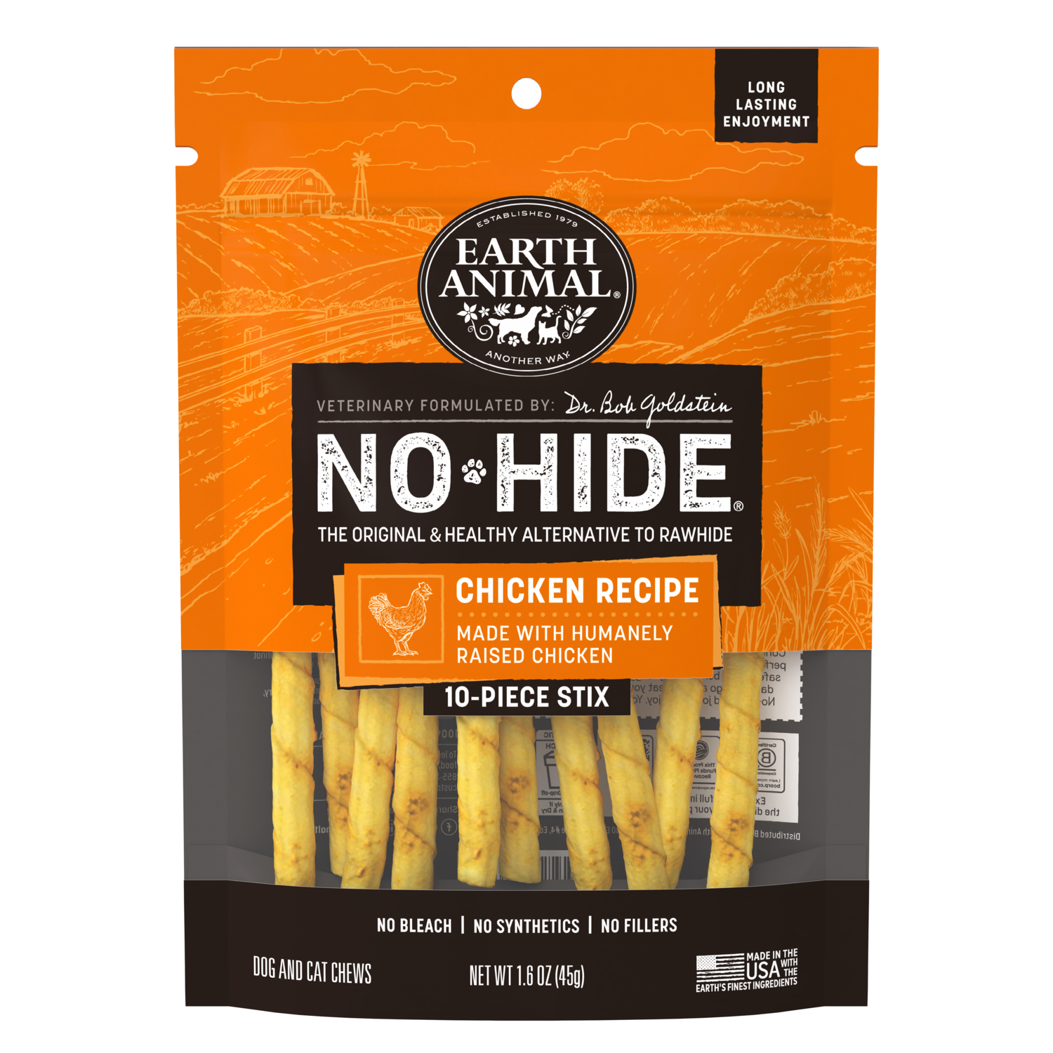 Earth Animal No-Hide Rawhide Alternative Dog & Cat Treat Stix, Cage-Free Chicken, 10-Pack