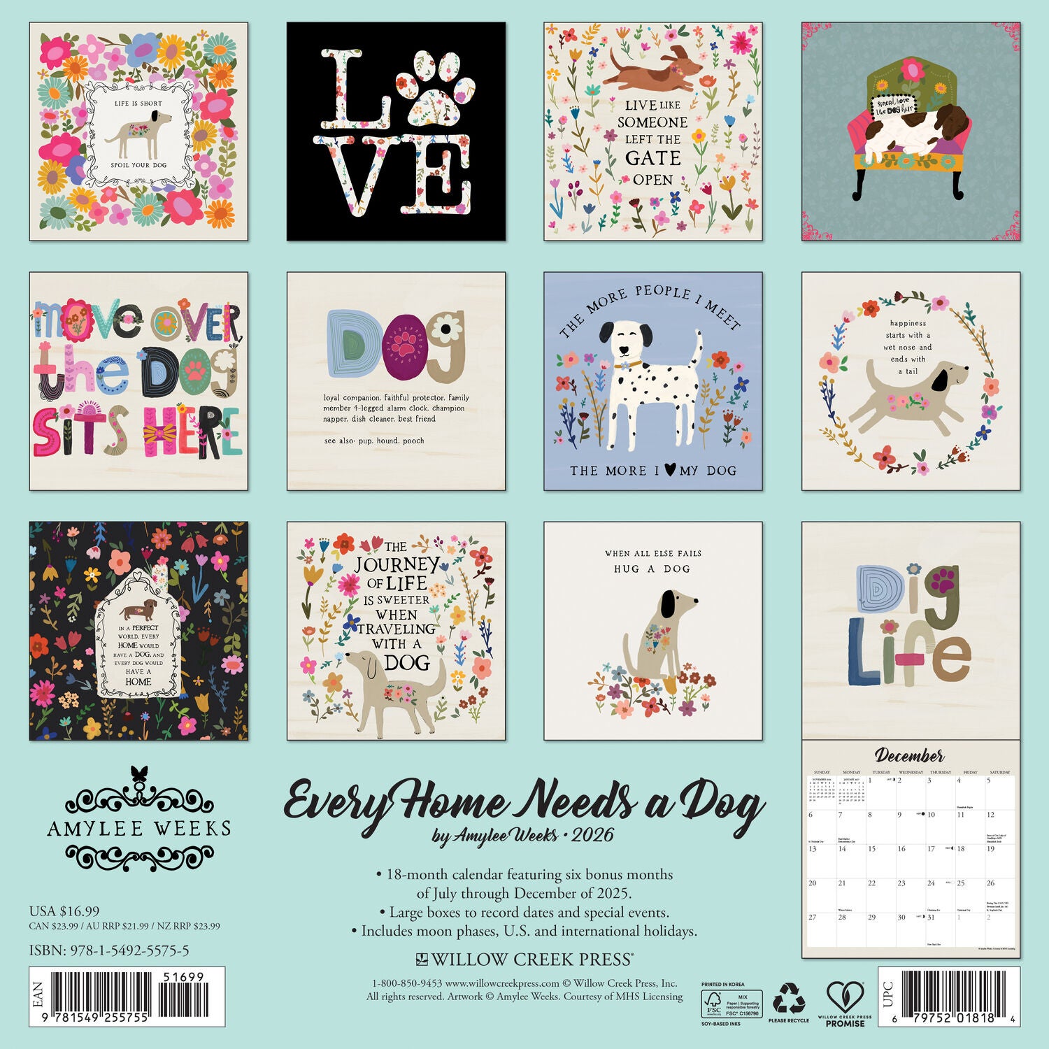 Willow Creek Press 2026 Every Home Needs A Dog Wall Calendar