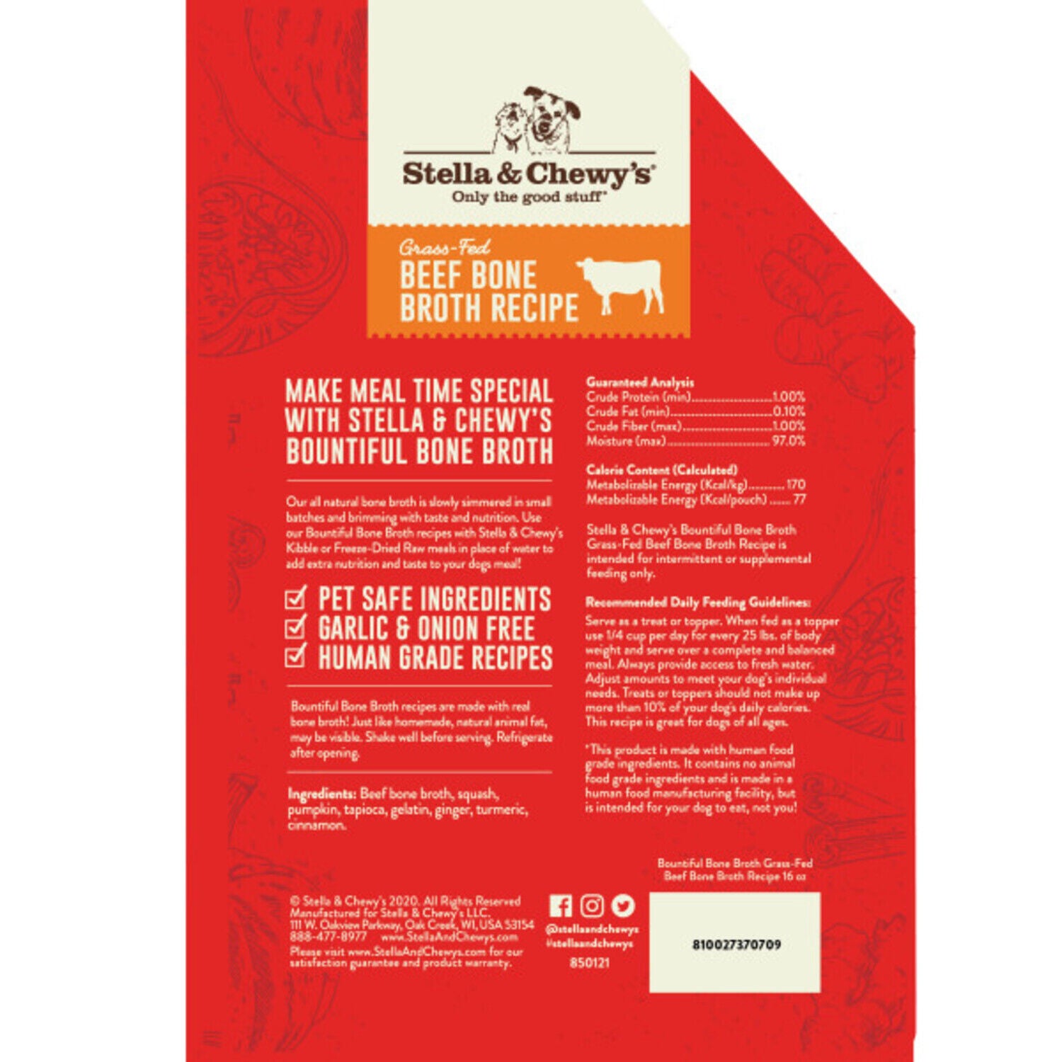 Stella & Chewy's Bountiful Bone Broth Grass Fed Beef Recipe Wet Dog Food Topper, 16-Oz Pouch