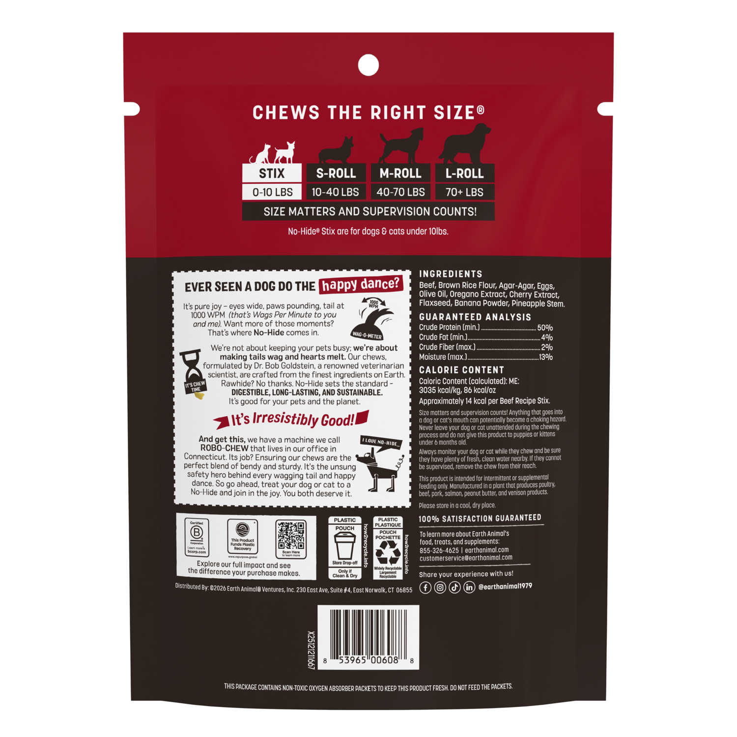 Earth Animal No-Hide Rawhide Alternative Dog & Cat Treat Stix, Grass-Fed Beef, 10-Pack