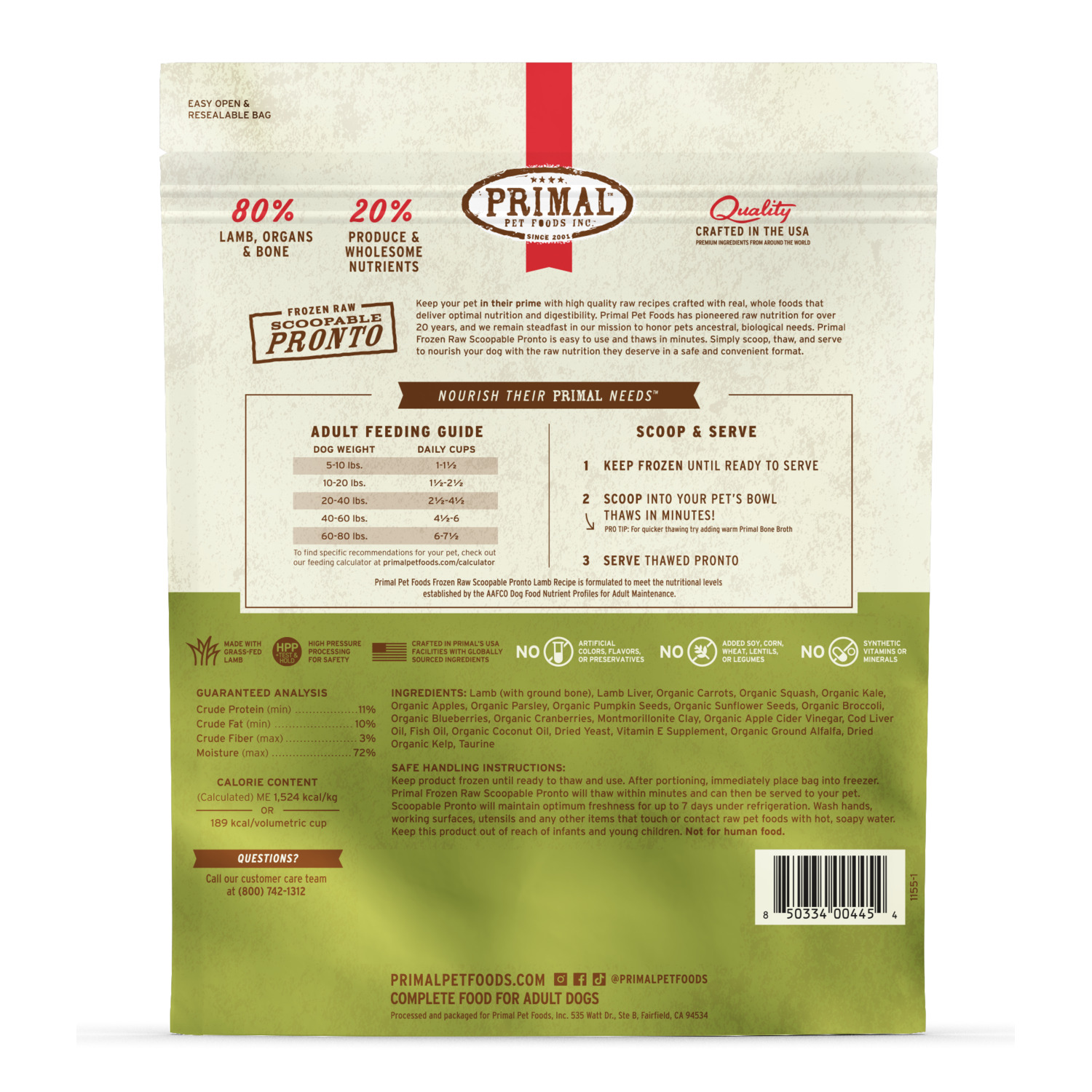 Primal Pronto Scoopable Raw Frozen Dog Food, Lamb Recipe, 4-Lb