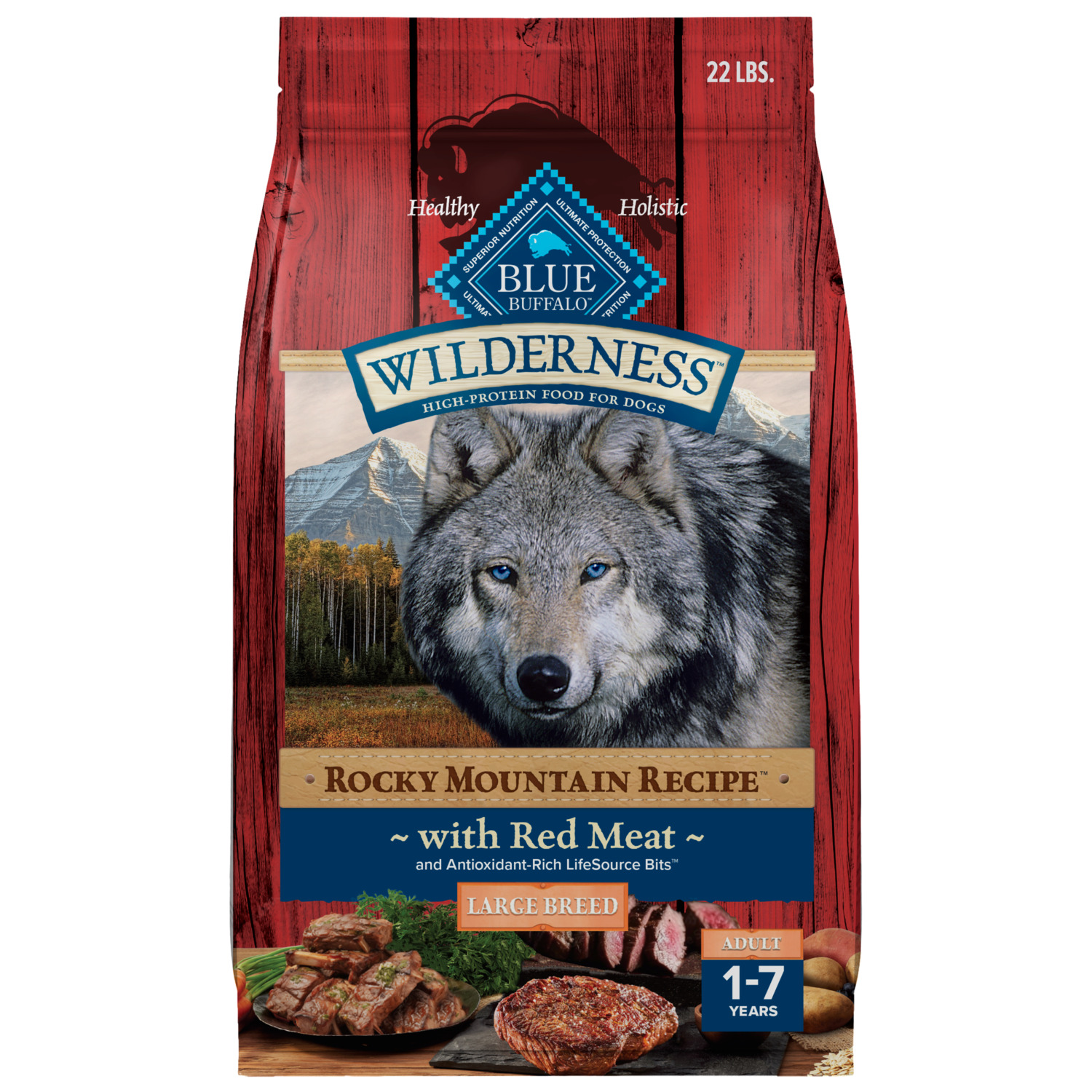 Blue Buffalo Wilderness Red Meat & Grains Rocky Mountain Recipe High-Protein Large Breed Adult Dry Dog Food, 22Lb